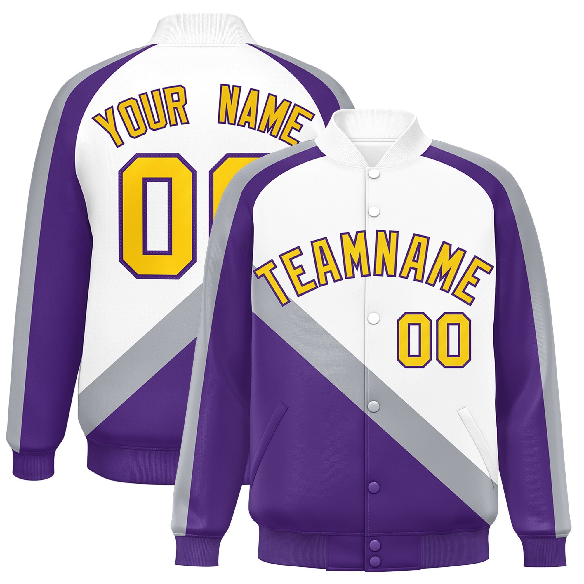 Custom White Purple Raglan Sleeves Varsity Full-Snap Letterman Baseball Jacket