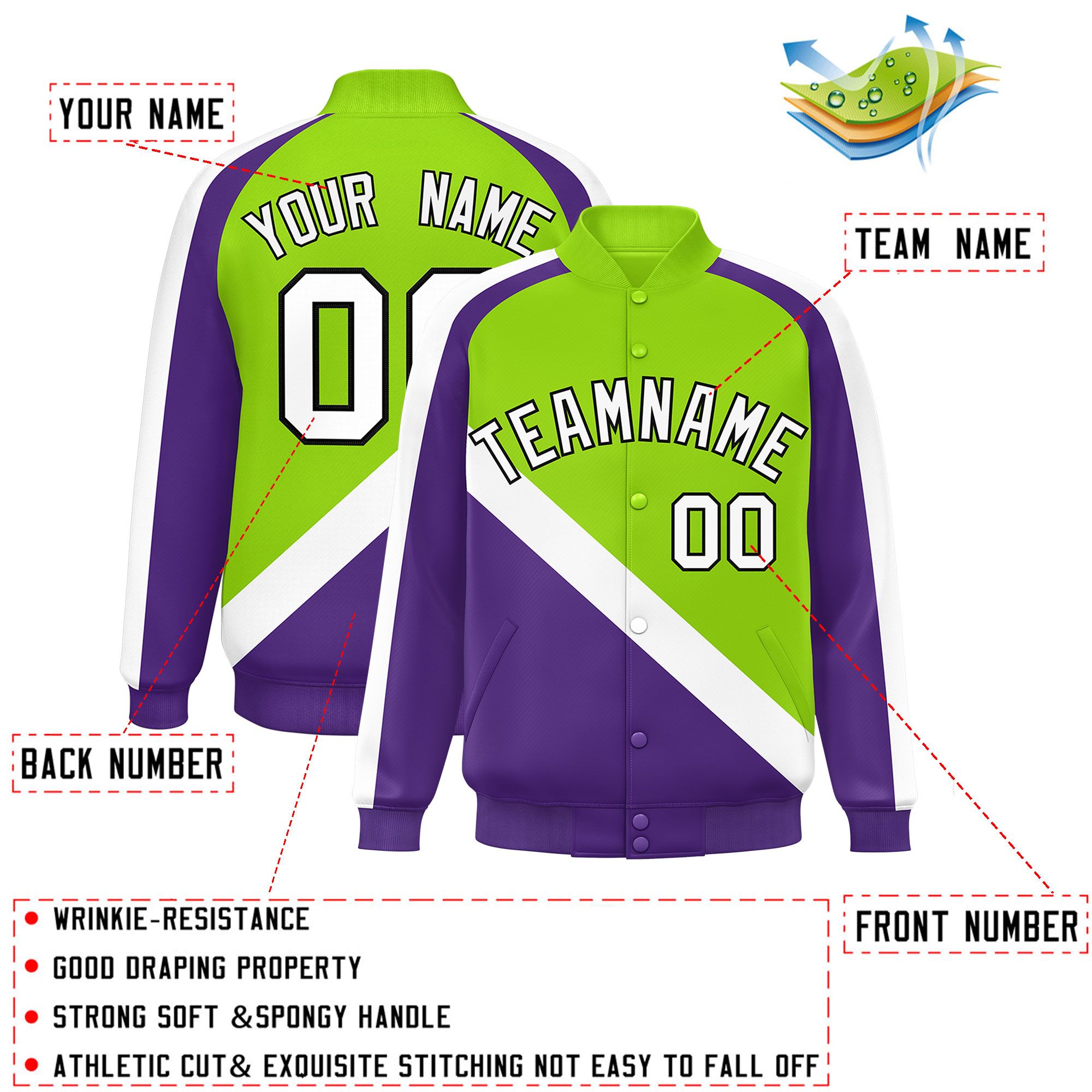 Custom Neon Green Purple Raglan Sleeves Varsity Full-Snap Letterman Baseball Jacket