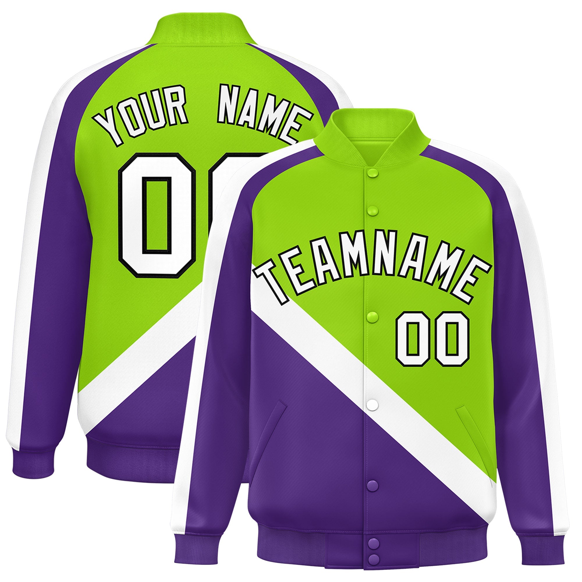 Custom Neon Green Purple Raglan Sleeves Varsity Full-Snap Letterman Baseball Jacket