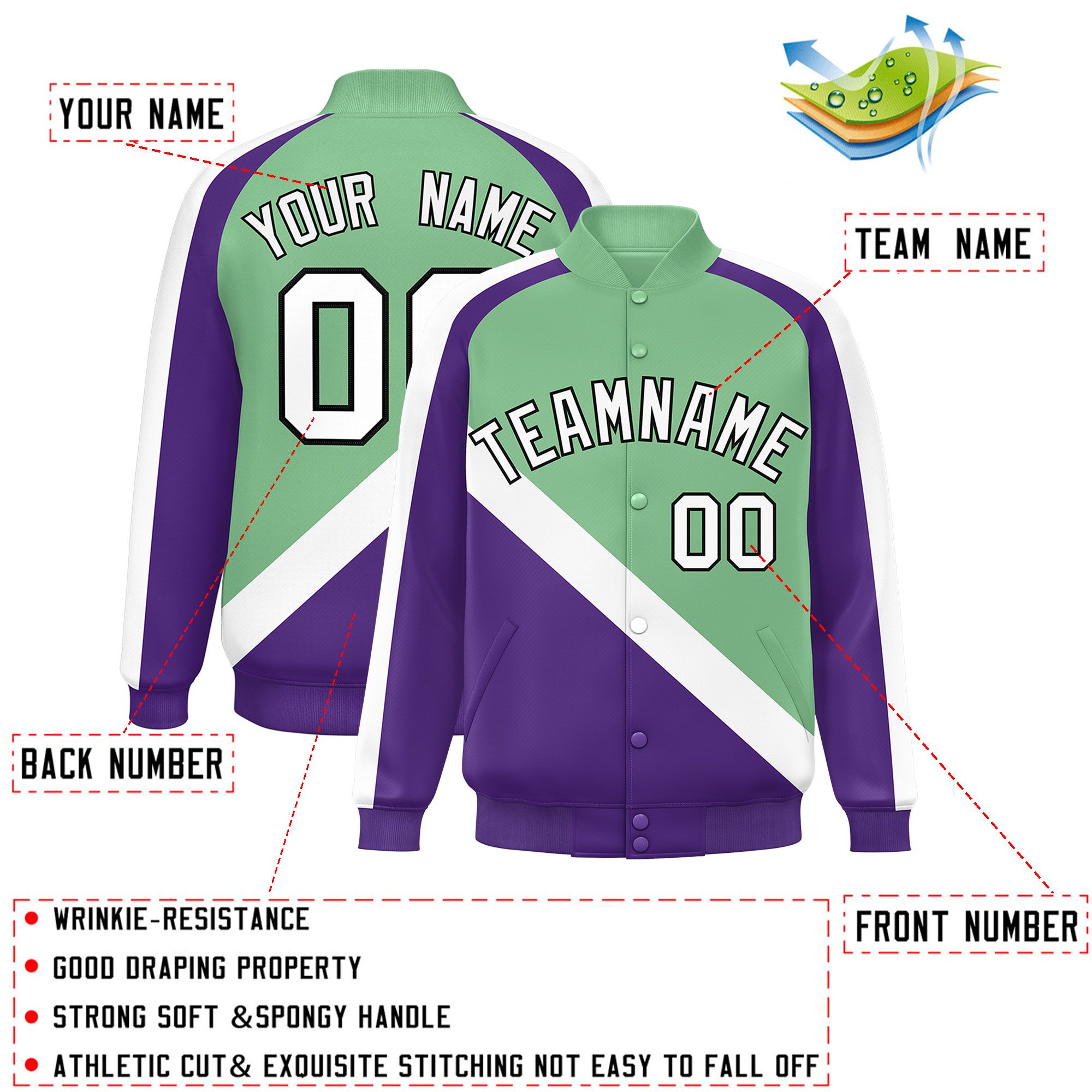 Custom Green Purple Raglan Sleeves Varsity Full-Snap Letterman Baseball Jacket