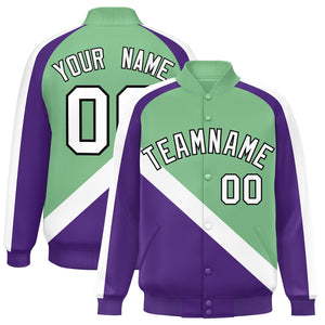 Custom Green Purple Raglan Sleeves Varsity Full-Snap Letterman Baseball Jacket