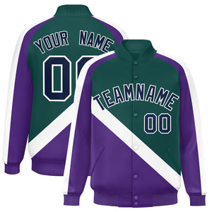 Custom Midnight Green Purple Raglan Sleeves Varsity Full-Snap Letterman Baseball Jacket