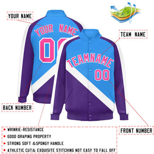 Custom Powder Blue Purple Raglan Sleeves Varsity Full-Snap Letterman Baseball Jacket