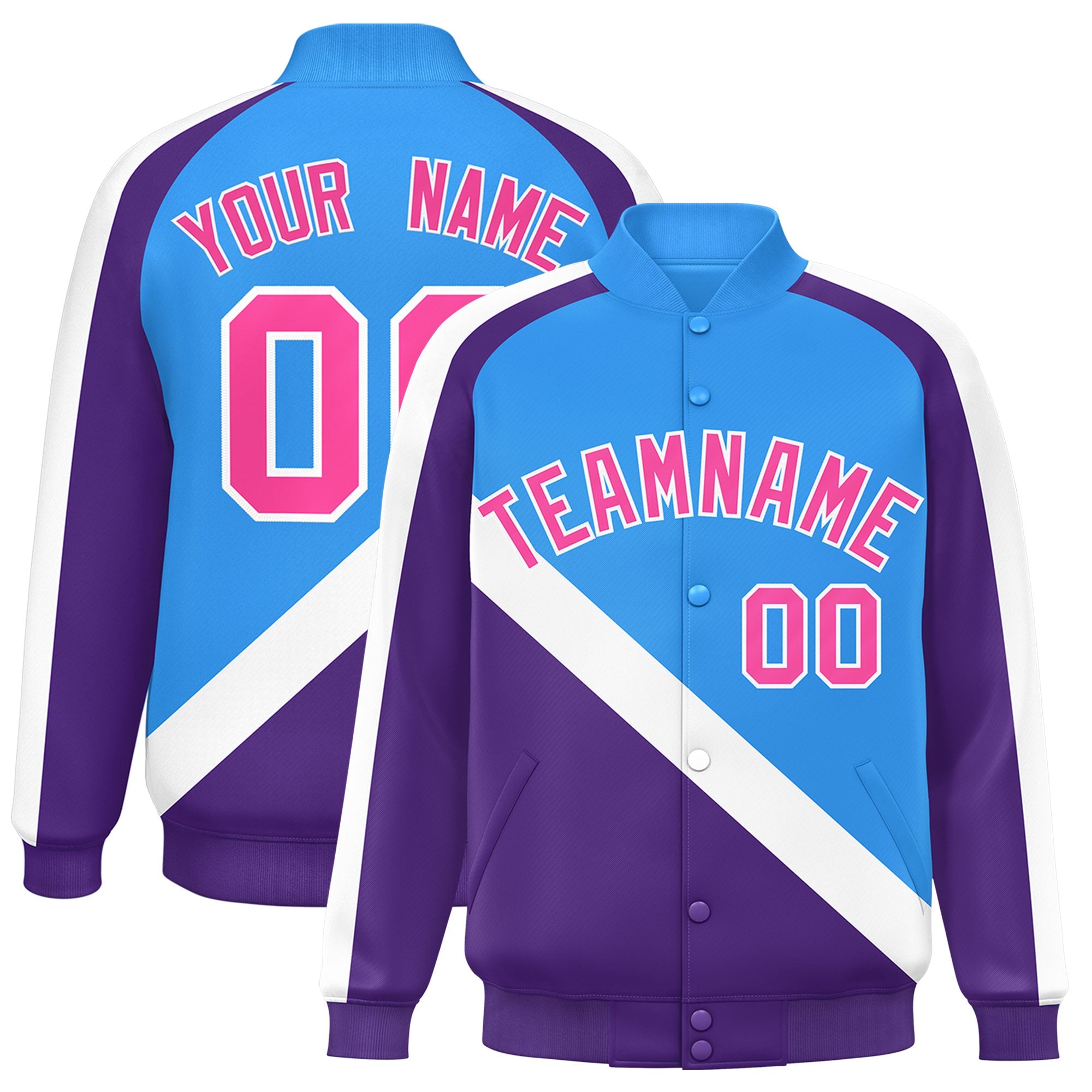 Custom Powder Blue Purple Raglan Sleeves Varsity Full-Snap Letterman Baseball Jacket