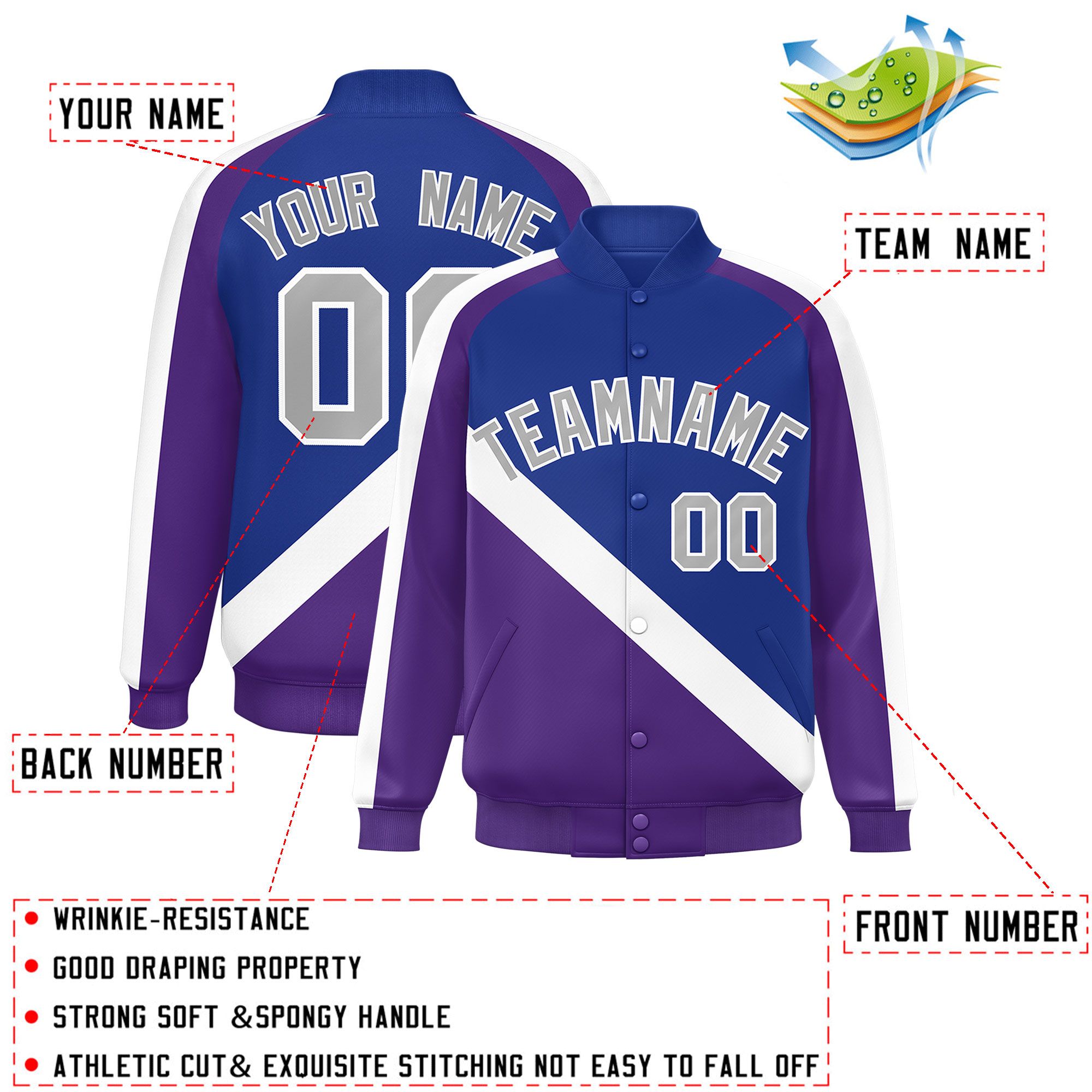 Custom Royal Purple Raglan Sleeves Varsity Full-Snap Letterman Baseball Jacket