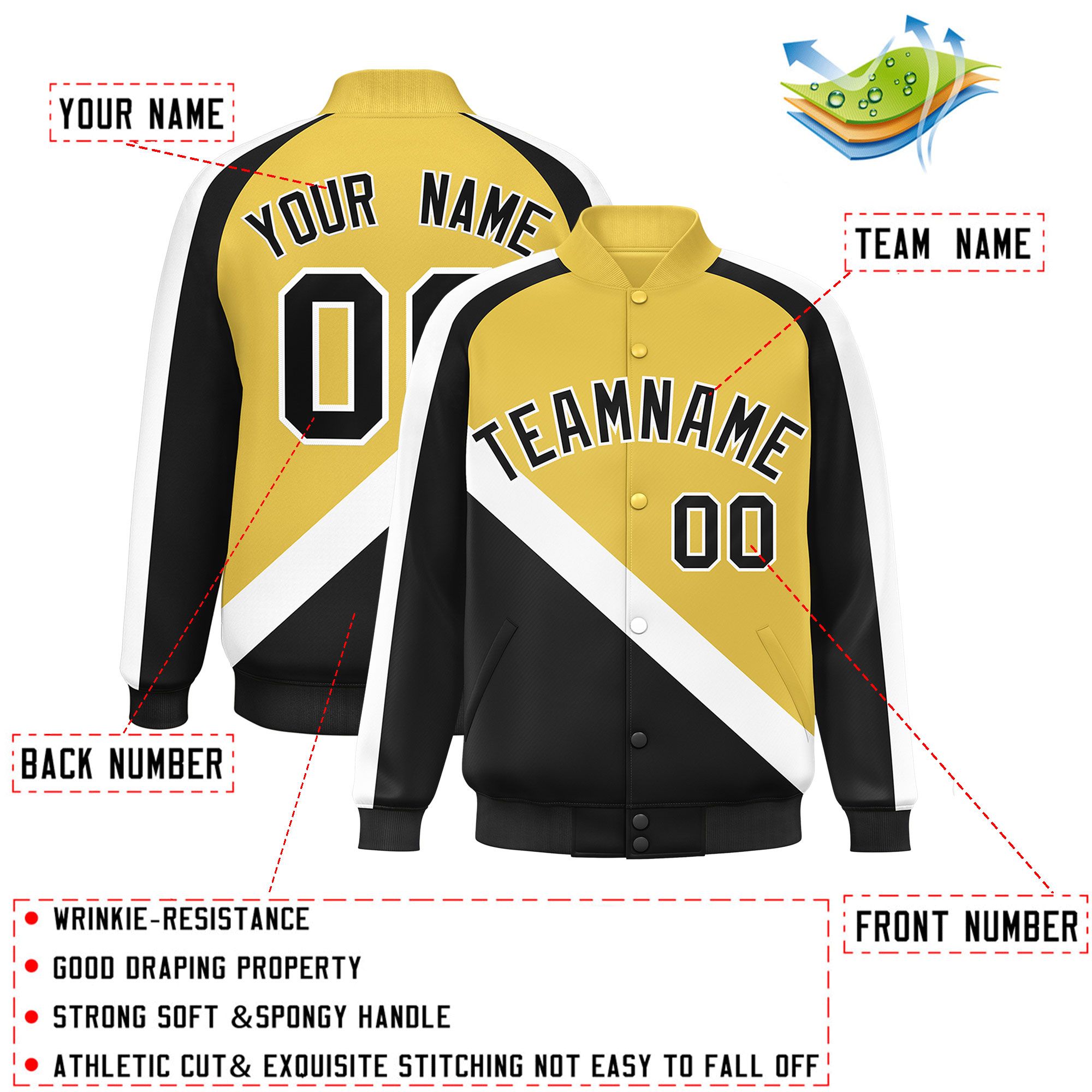 Custom Khaki Black Raglan Sleeves Varsity Full-Snap Letterman Baseball Jacket