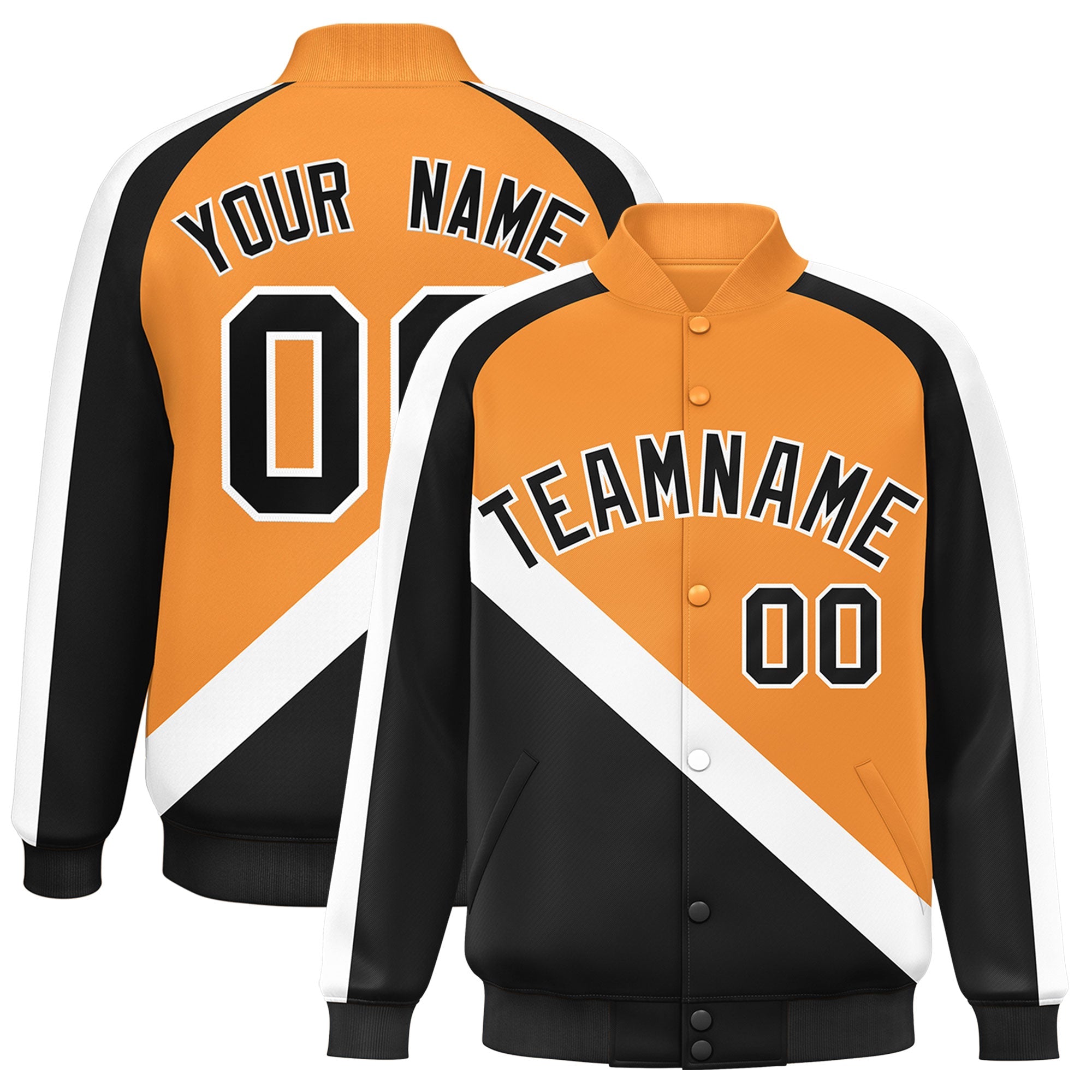 Custom Orange Black Raglan Sleeves Varsity Full-Snap Letterman Baseball Jacket