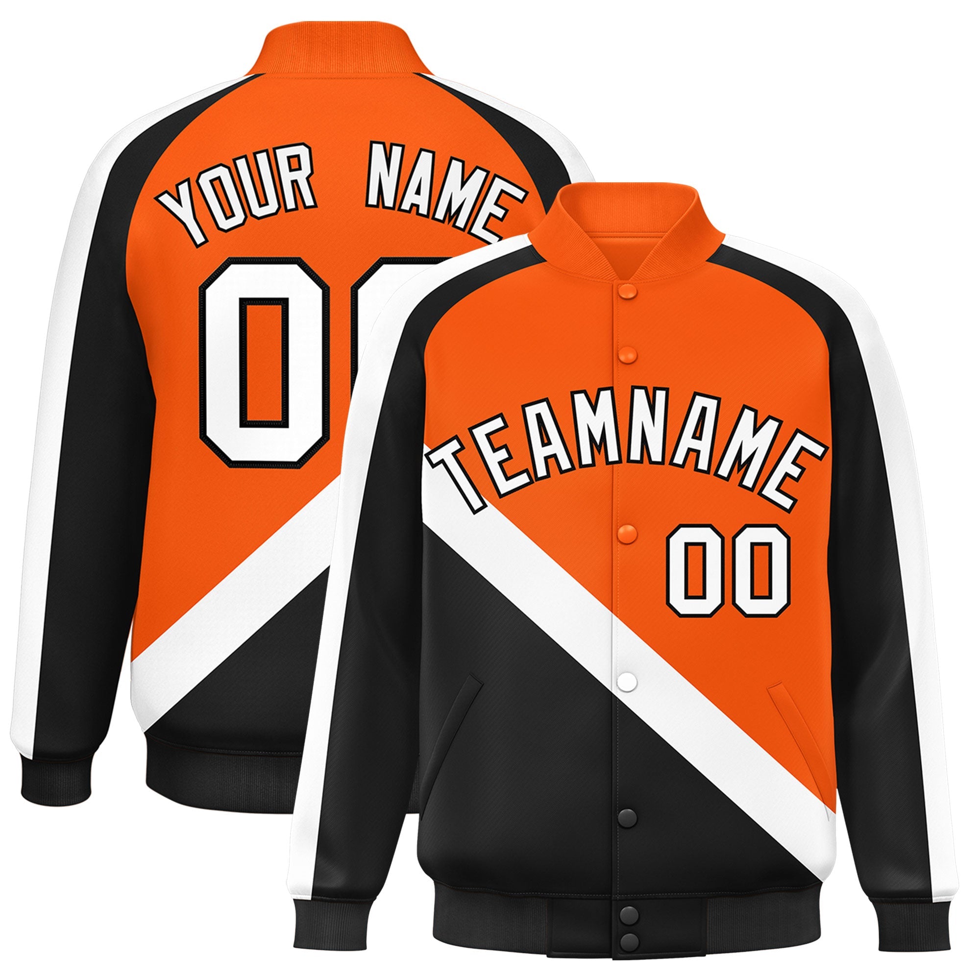 Custom Orange Black Raglan Sleeves Varsity Full-Snap Letterman Baseball Jacket