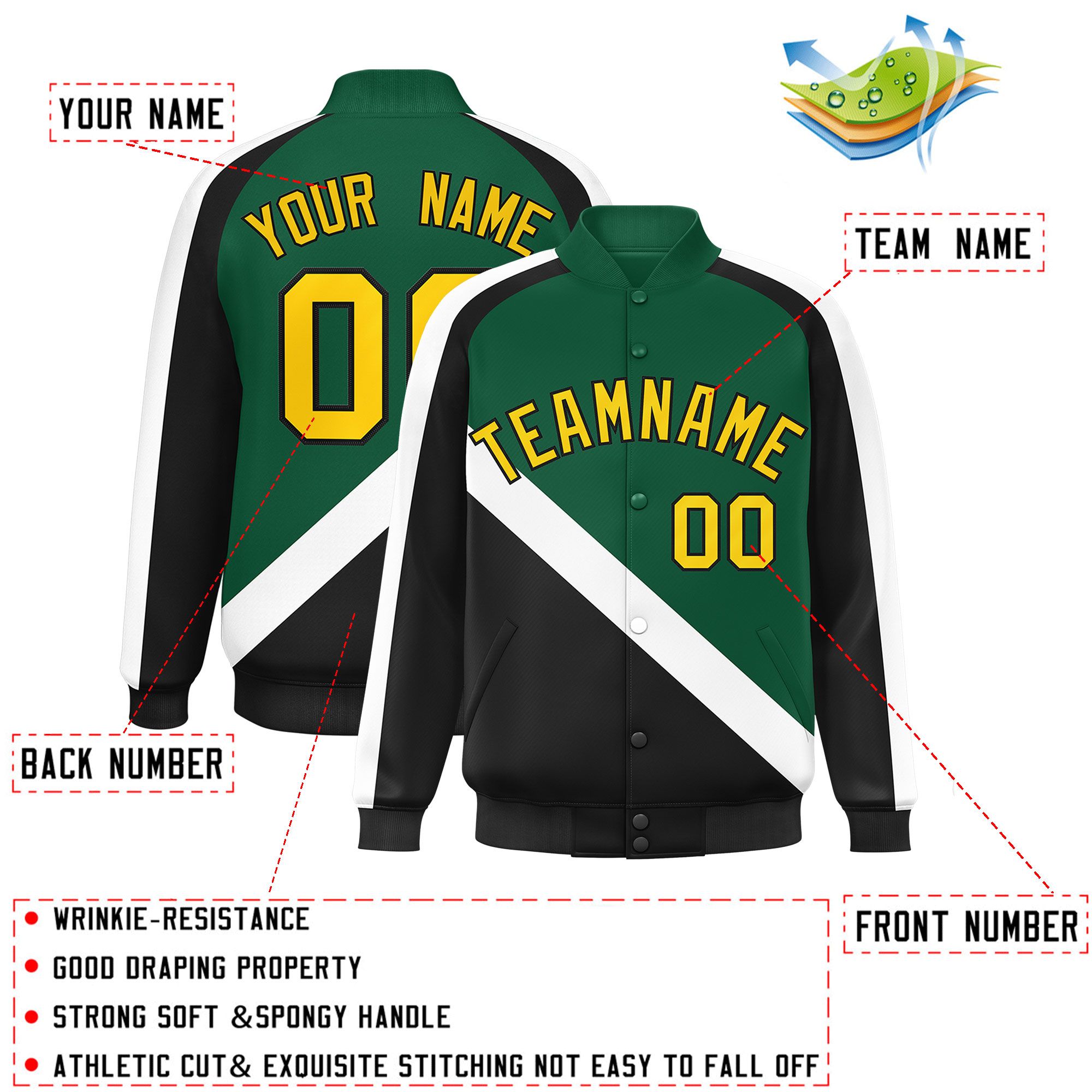 Custom Green Black Raglan Sleeves Varsity Full-Snap Letterman Baseball Jacket