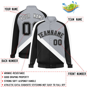 Custom Gray Black Raglan Sleeves Varsity Full-Snap Letterman Baseball Jacket