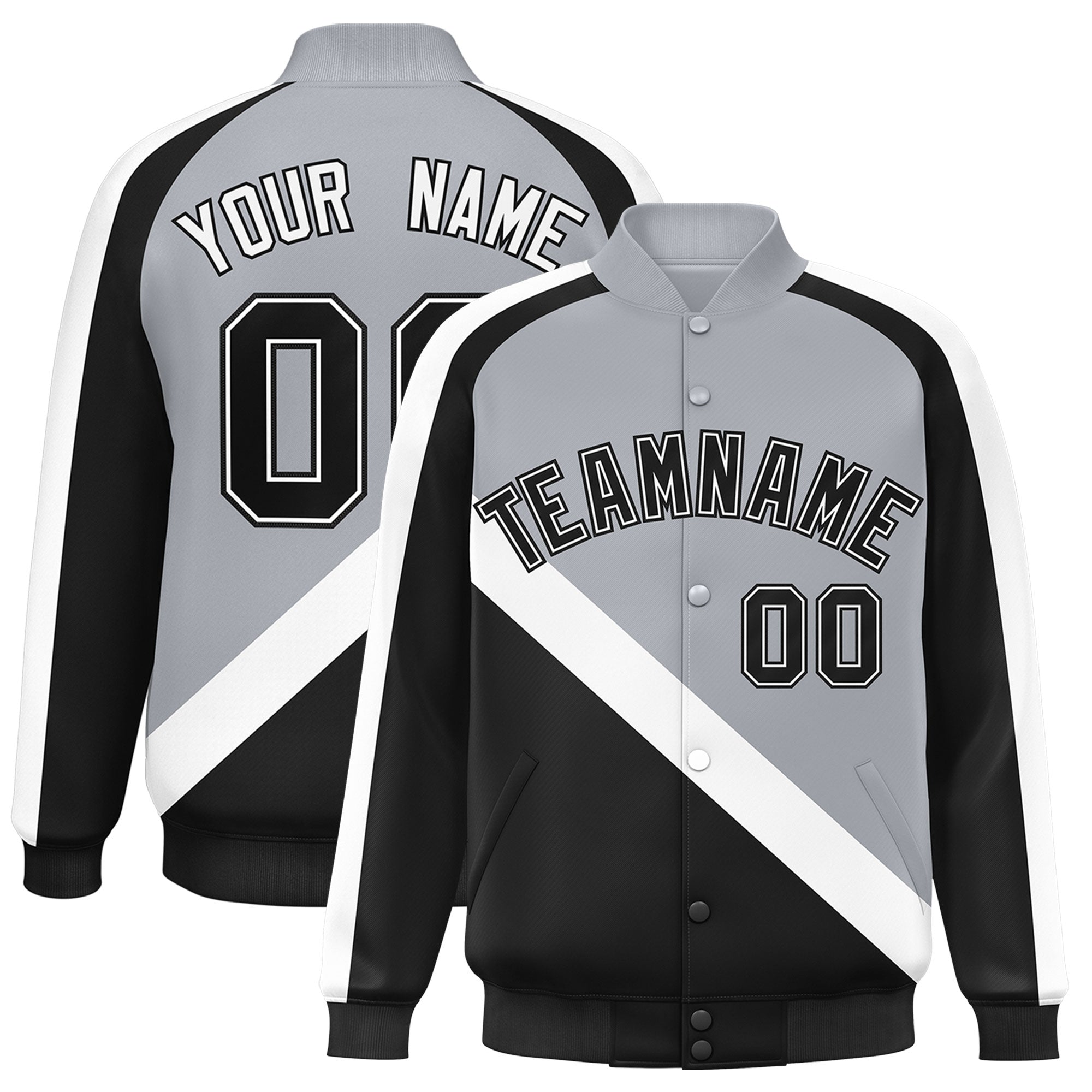 Custom Gray Black Raglan Sleeves Varsity Full-Snap Letterman Baseball Jacket