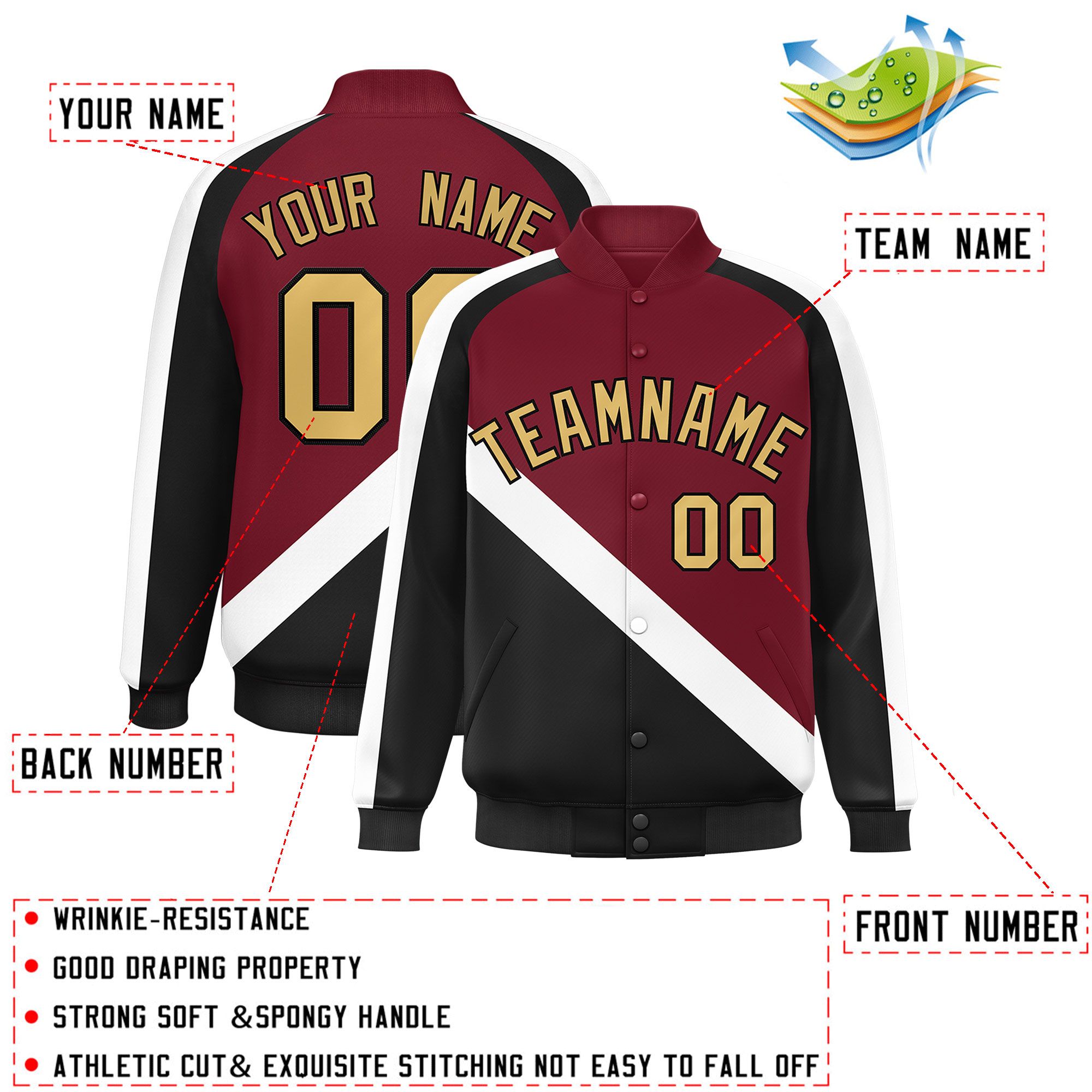 Custom Crimson Black Raglan Sleeves Varsity Full-Snap Letterman Baseball Jacket