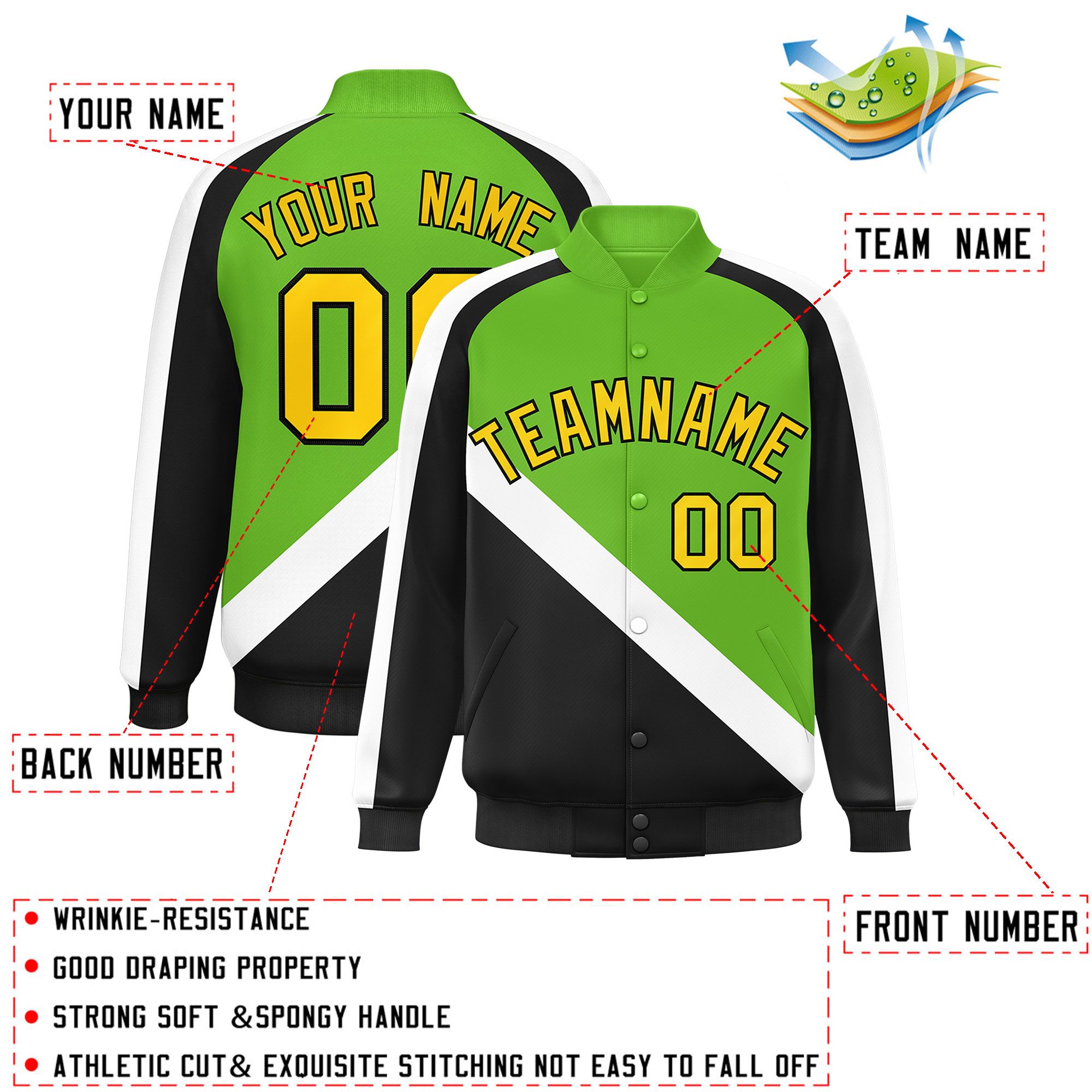 Custom Green Black Raglan Sleeves Varsity Full-Snap Letterman Baseball Jacket