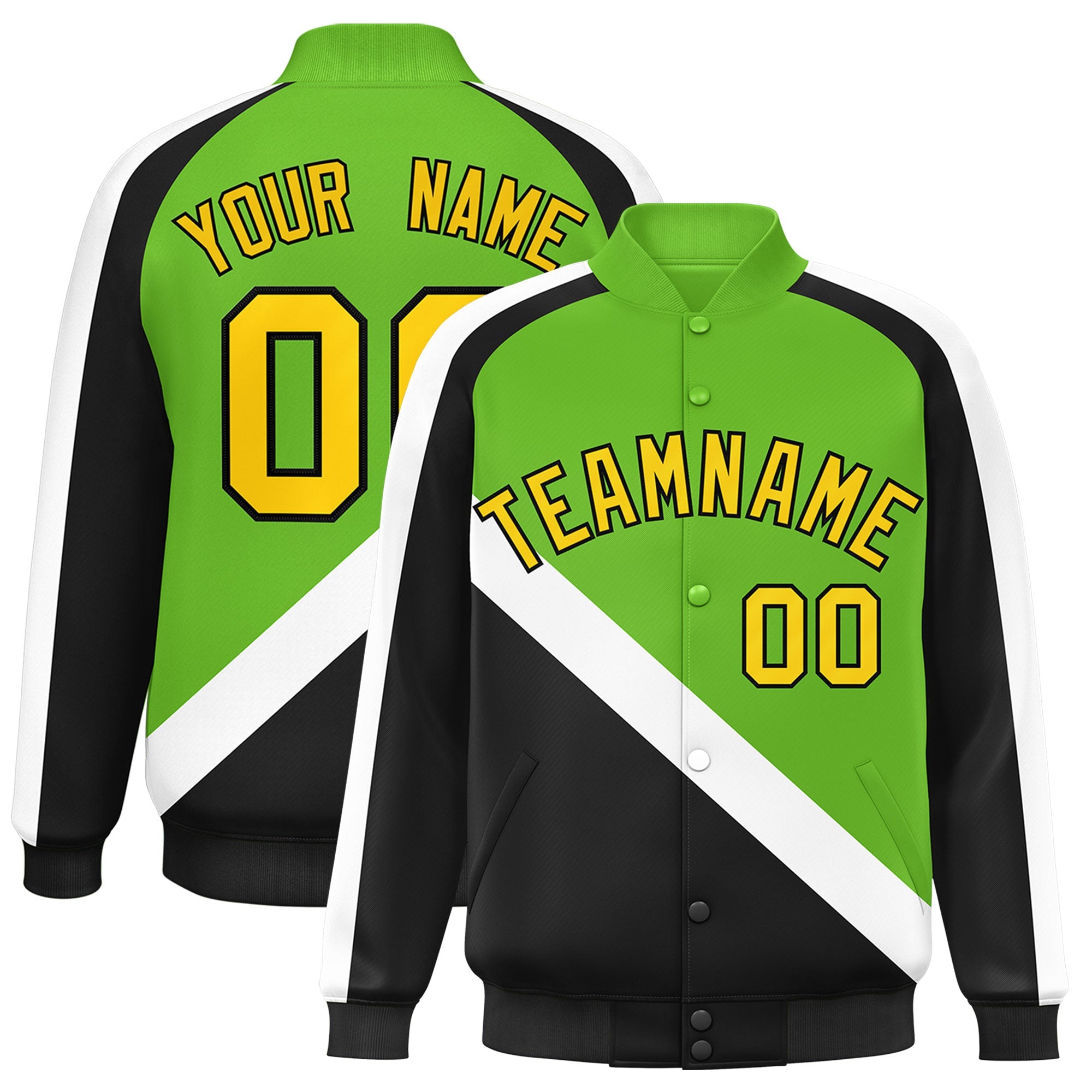 Custom Green Black Raglan Sleeves Varsity Full-Snap Letterman Baseball Jacket