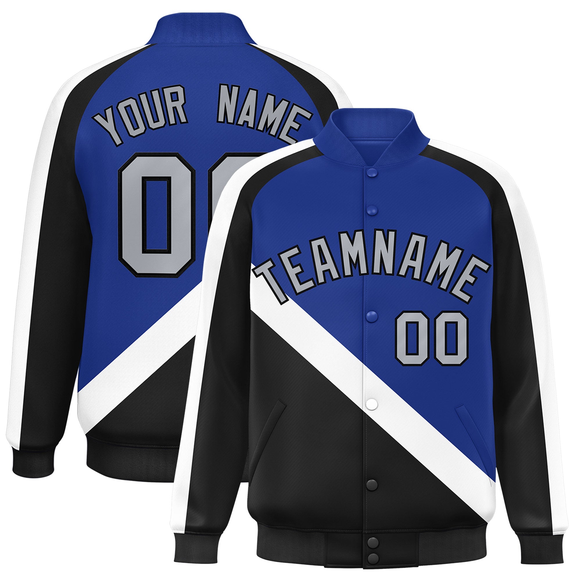 Custom Royal Black Raglan Sleeves Varsity Full-Snap Letterman Baseball Jacket