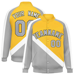 Custom Gold Gray Raglan Sleeves Varsity Full-Snap Letterman Baseball Jacket