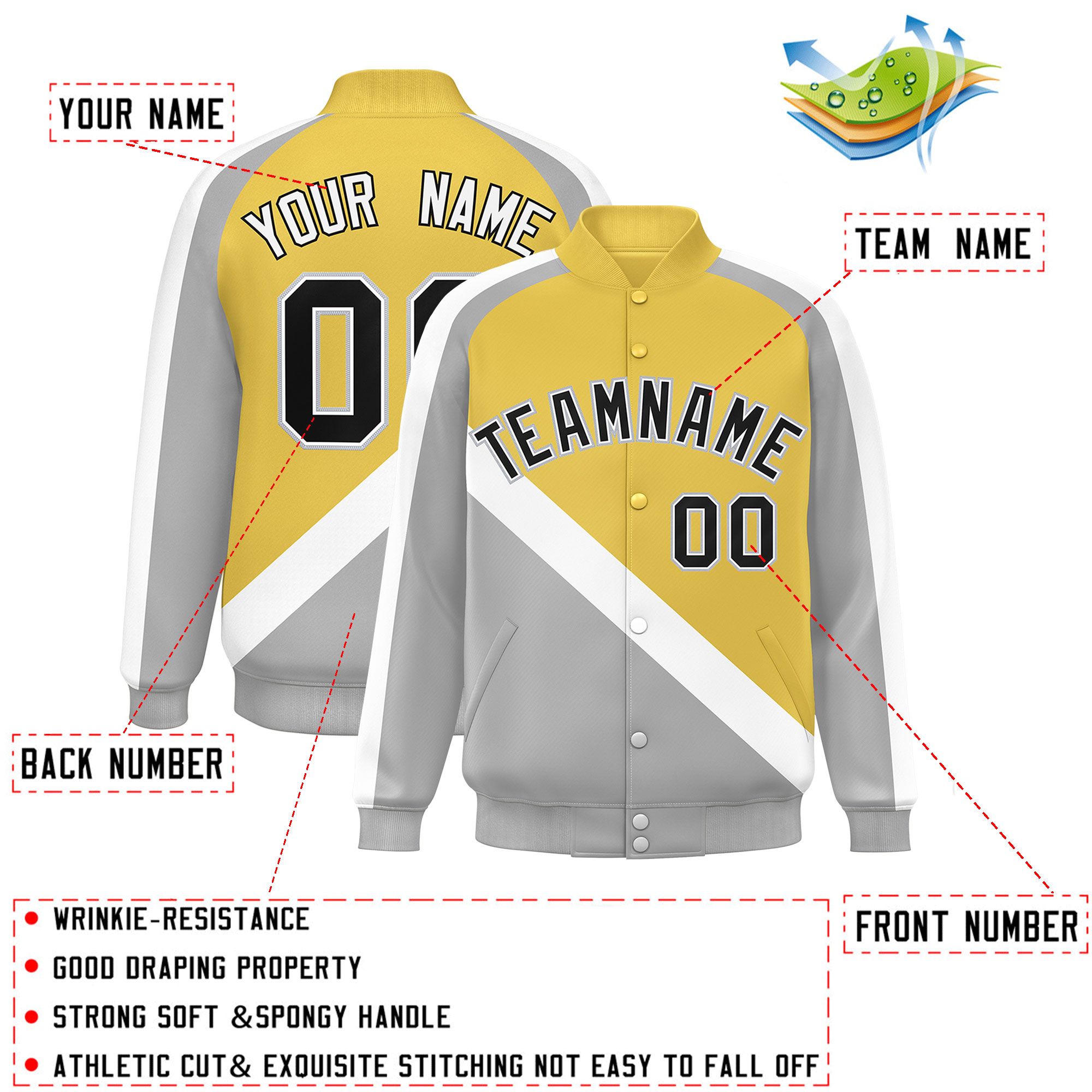 Custom Old Gold Gray Raglan Sleeves Varsity Full-Snap Letterman Baseball Jacket