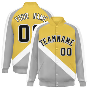 Custom Old Gold Gray Raglan Sleeves Varsity Full-Snap Letterman Baseball Jacket