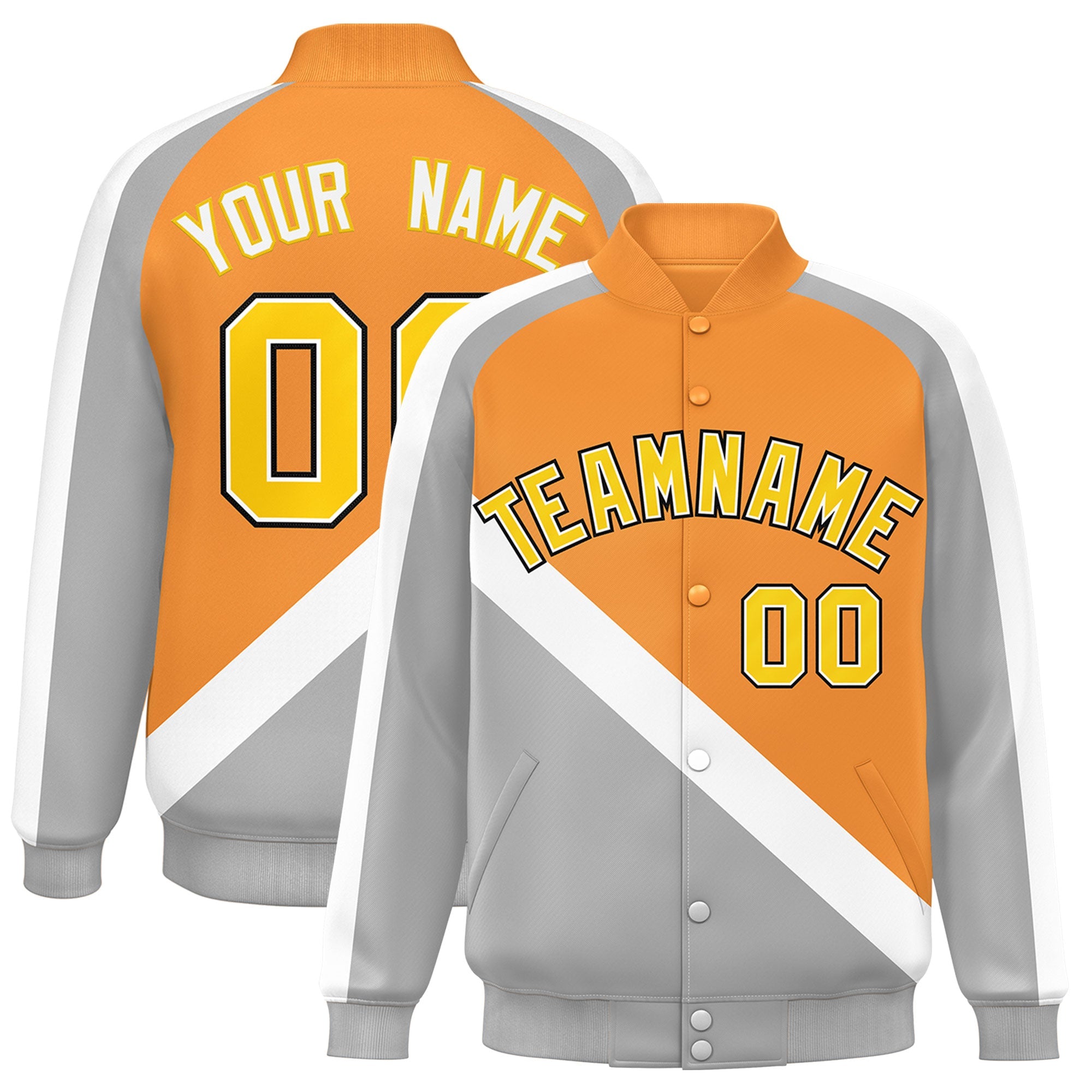 Custom Orange Gray Raglan Sleeves Varsity Full-Snap Letterman Baseball Jacket