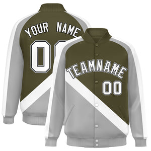 Custom Olive Gray Raglan Sleeves Varsity Full-Snap Letterman Baseball Jacket