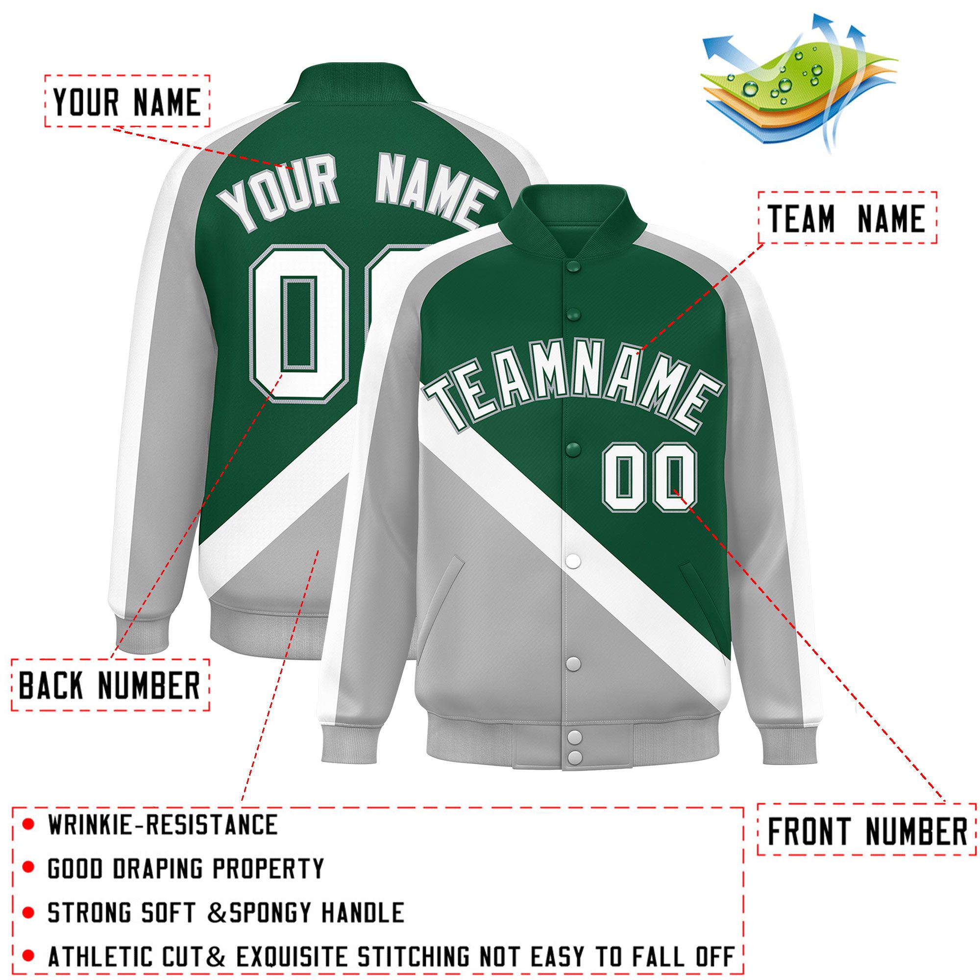 Custom Green Gray Raglan Sleeves Varsity Full-Snap Letterman Baseball Jacket