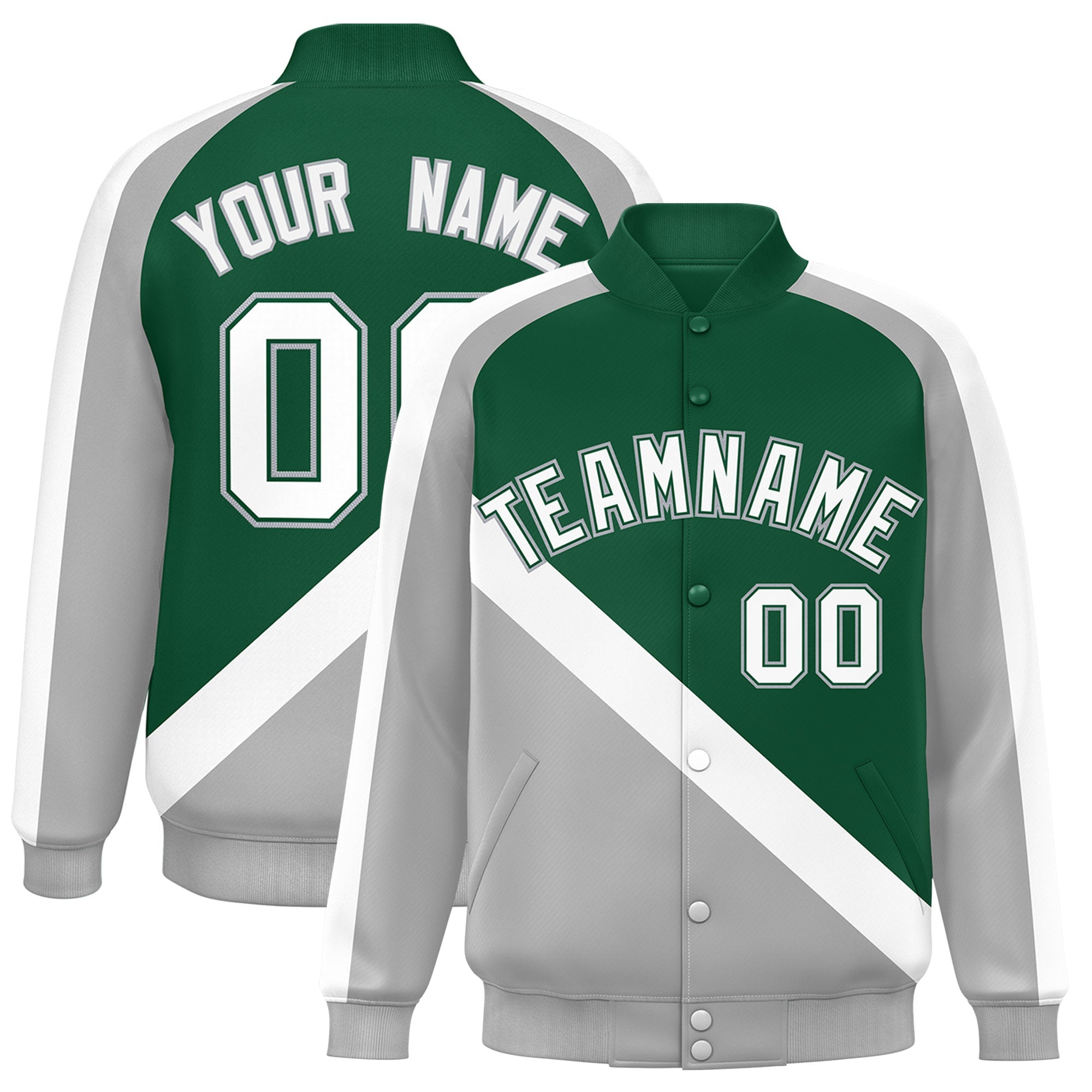 Custom Green Gray Raglan Sleeves Varsity Full-Snap Letterman Baseball Jacket