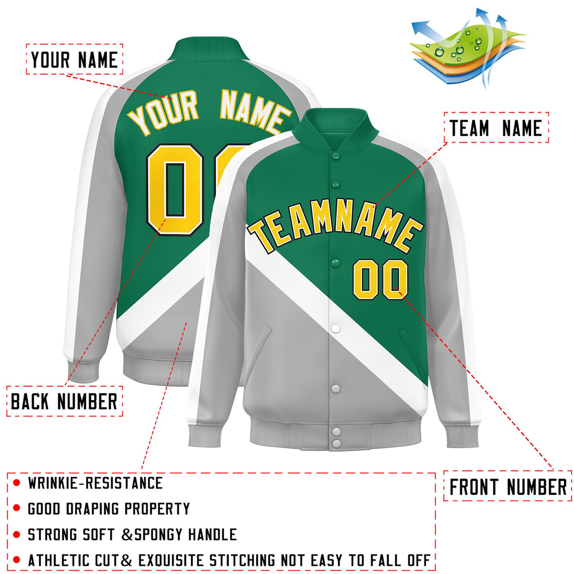 Custom Kelly Green Gray Raglan Sleeves Varsity Full-Snap Letterman Baseball Jacket