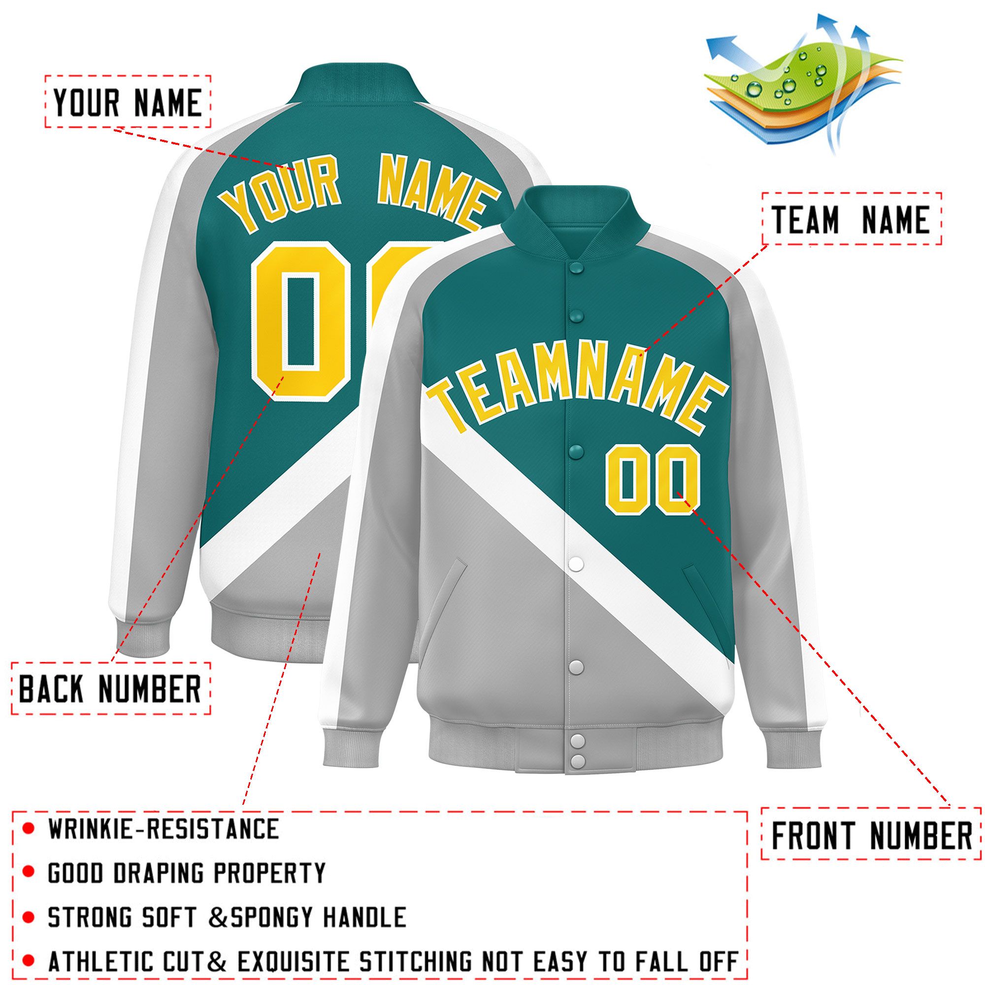 Custom Aqua Gray Raglan Sleeves Varsity Full-Snap Letterman Baseball Jacket