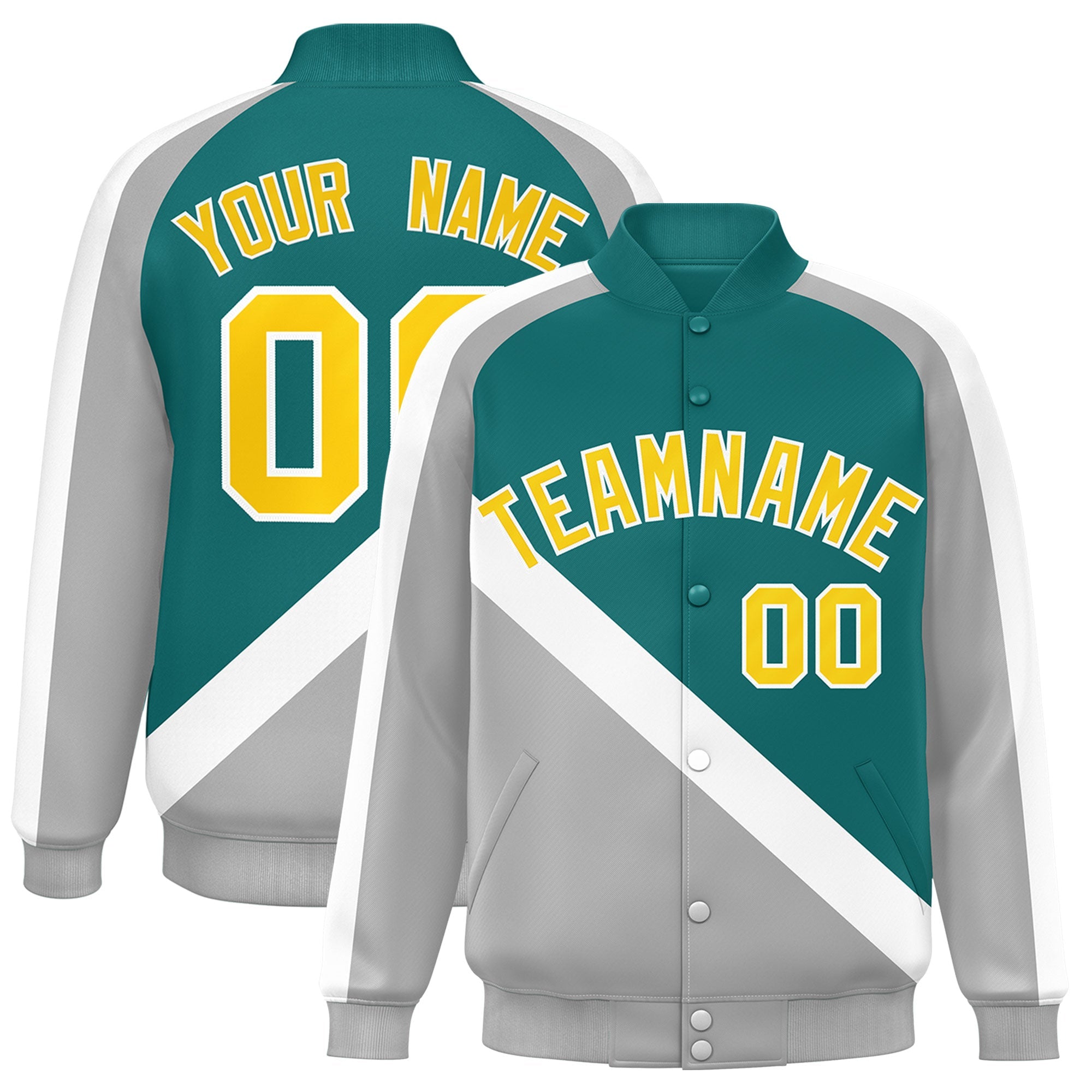 Custom Aqua Gray Raglan Sleeves Varsity Full-Snap Letterman Baseball Jacket