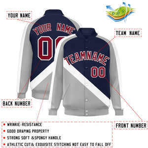 Custom Navy Gray Raglan Sleeves Varsity Full-Snap Letterman Baseball Jacket