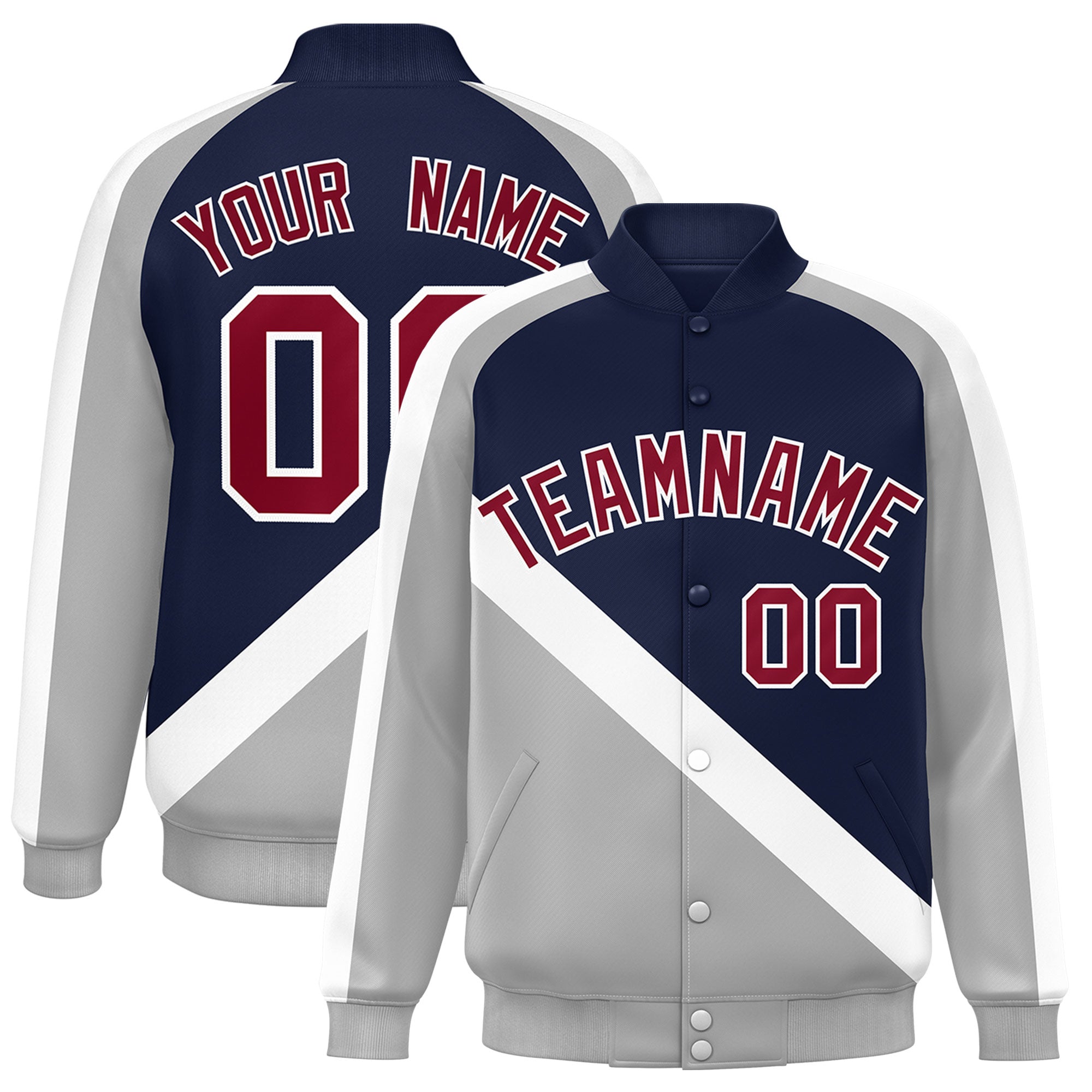 Custom Navy Gray Raglan Sleeves Varsity Full-Snap Letterman Baseball Jacket