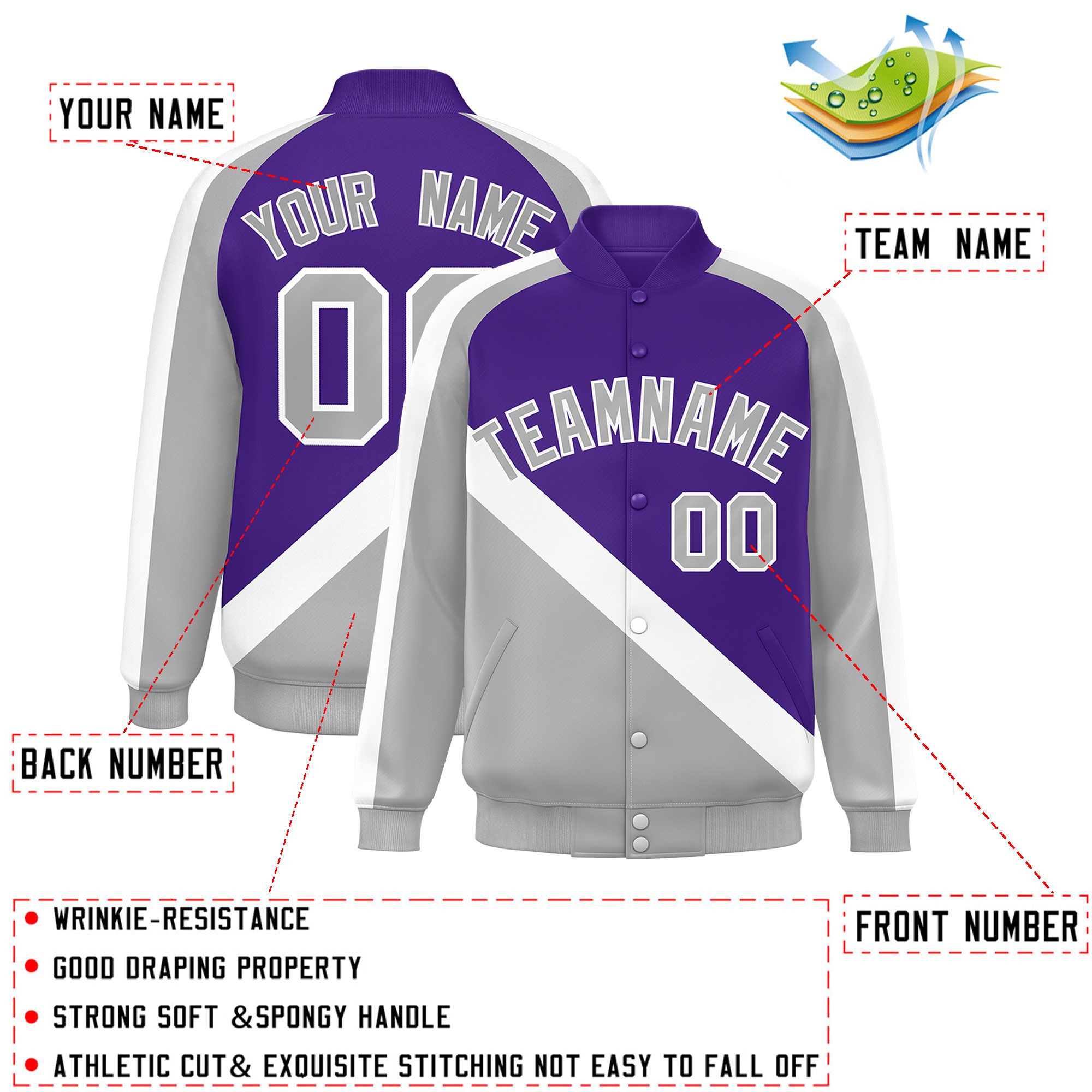 Custom Purple Gray Raglan Sleeves Varsity Full-Snap Letterman Baseball Jacket