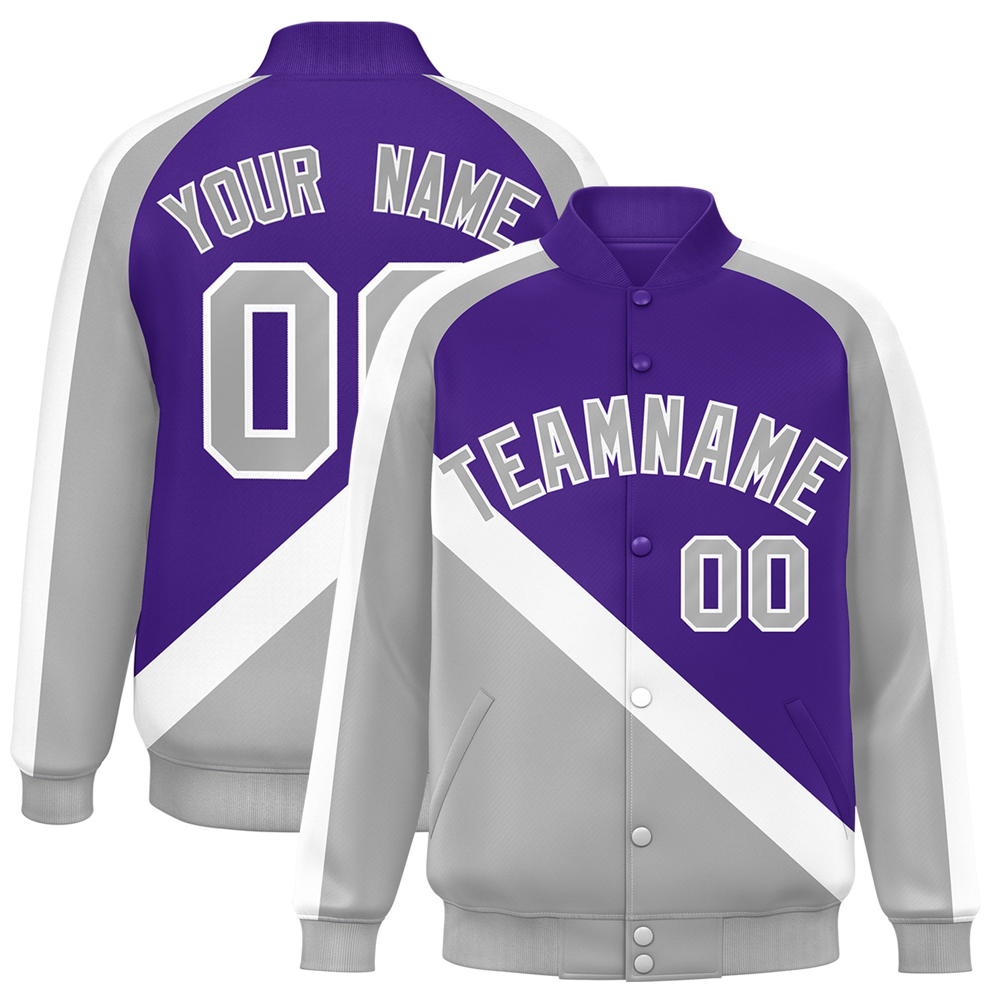 Custom Purple Gray Raglan Sleeves Varsity Full-Snap Letterman Baseball Jacket