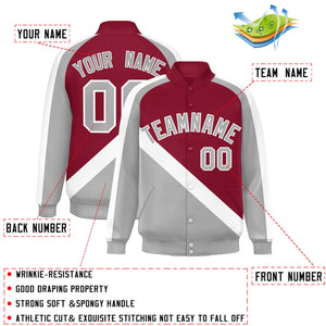 Custom Crimson Gray Raglan Sleeves Varsity Full-Snap Letterman Baseball Jacket