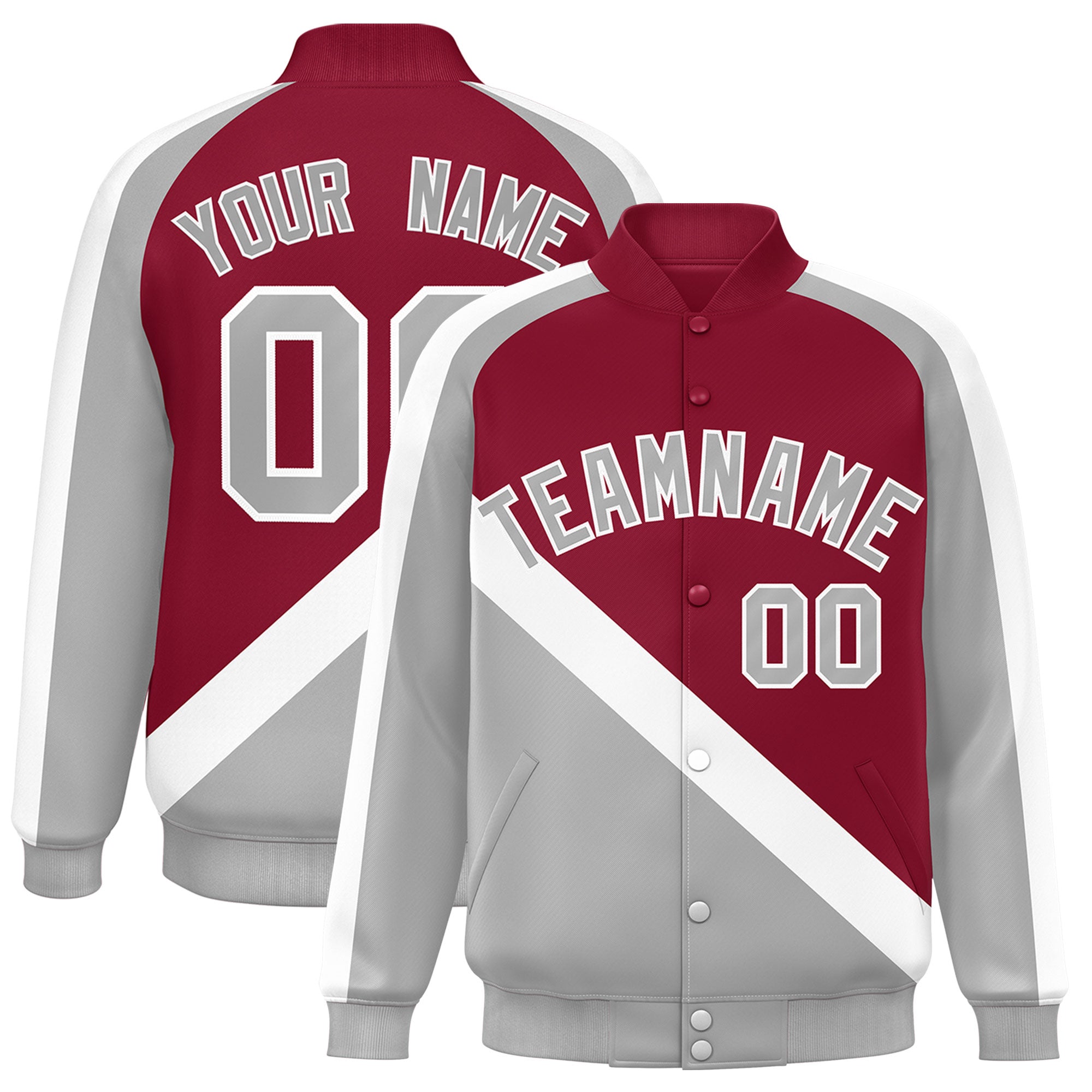 Custom Crimson Gray Raglan Sleeves Varsity Full-Snap Letterman Baseball Jacket