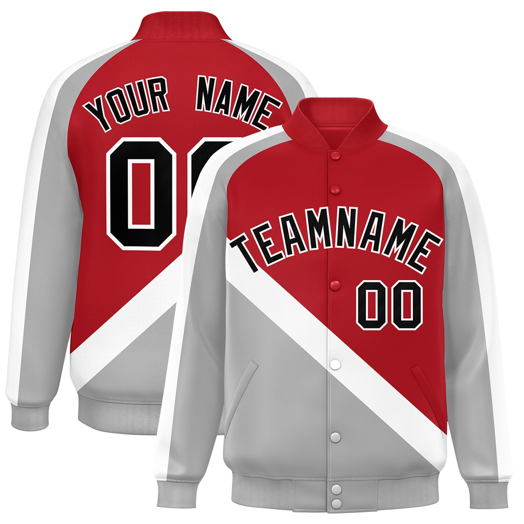 Custom Red Gray Raglan Sleeves Varsity Full-Snap Letterman Baseball Jacket