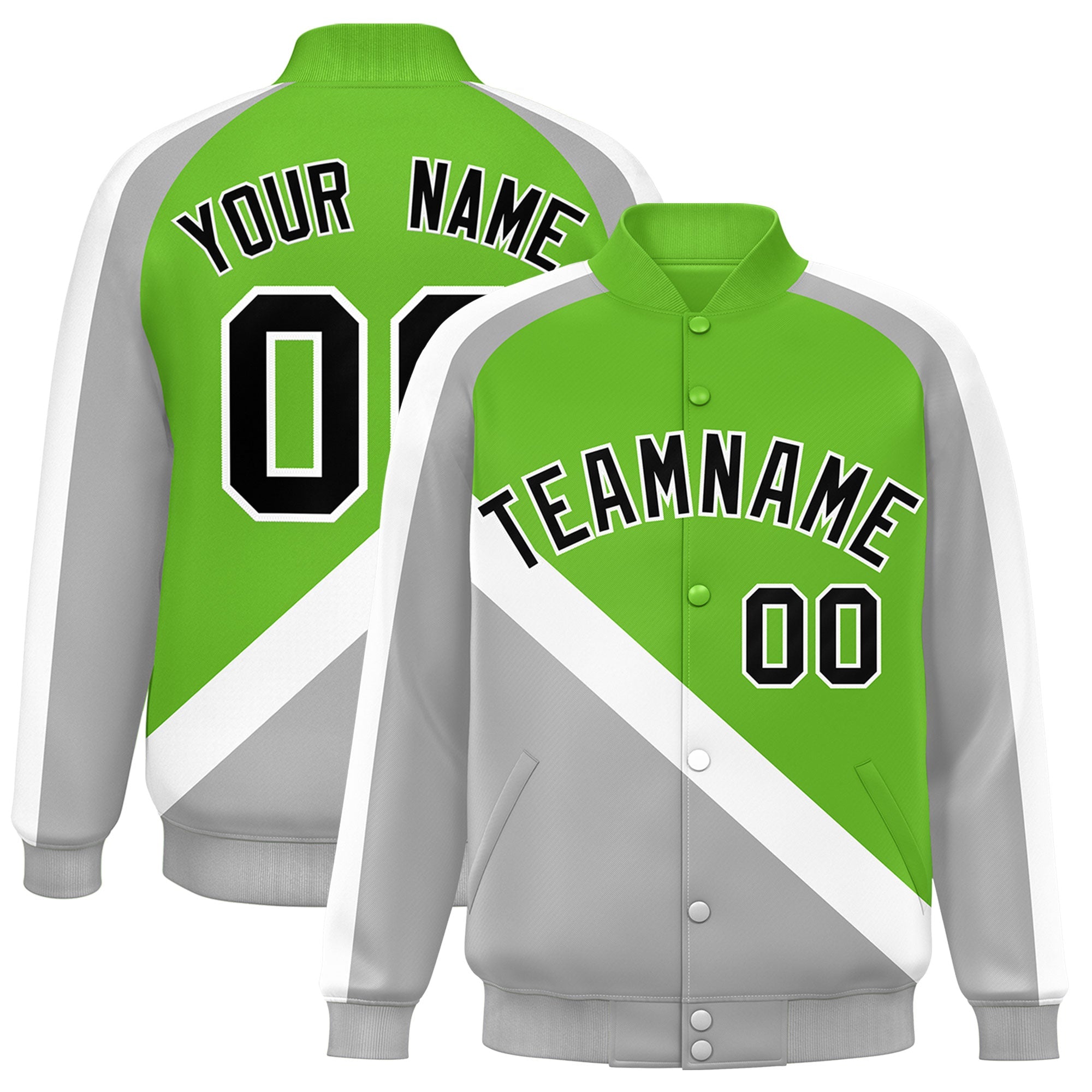 Custom Green Gray Raglan Sleeves Varsity Full-Snap Letterman Baseball Jacket