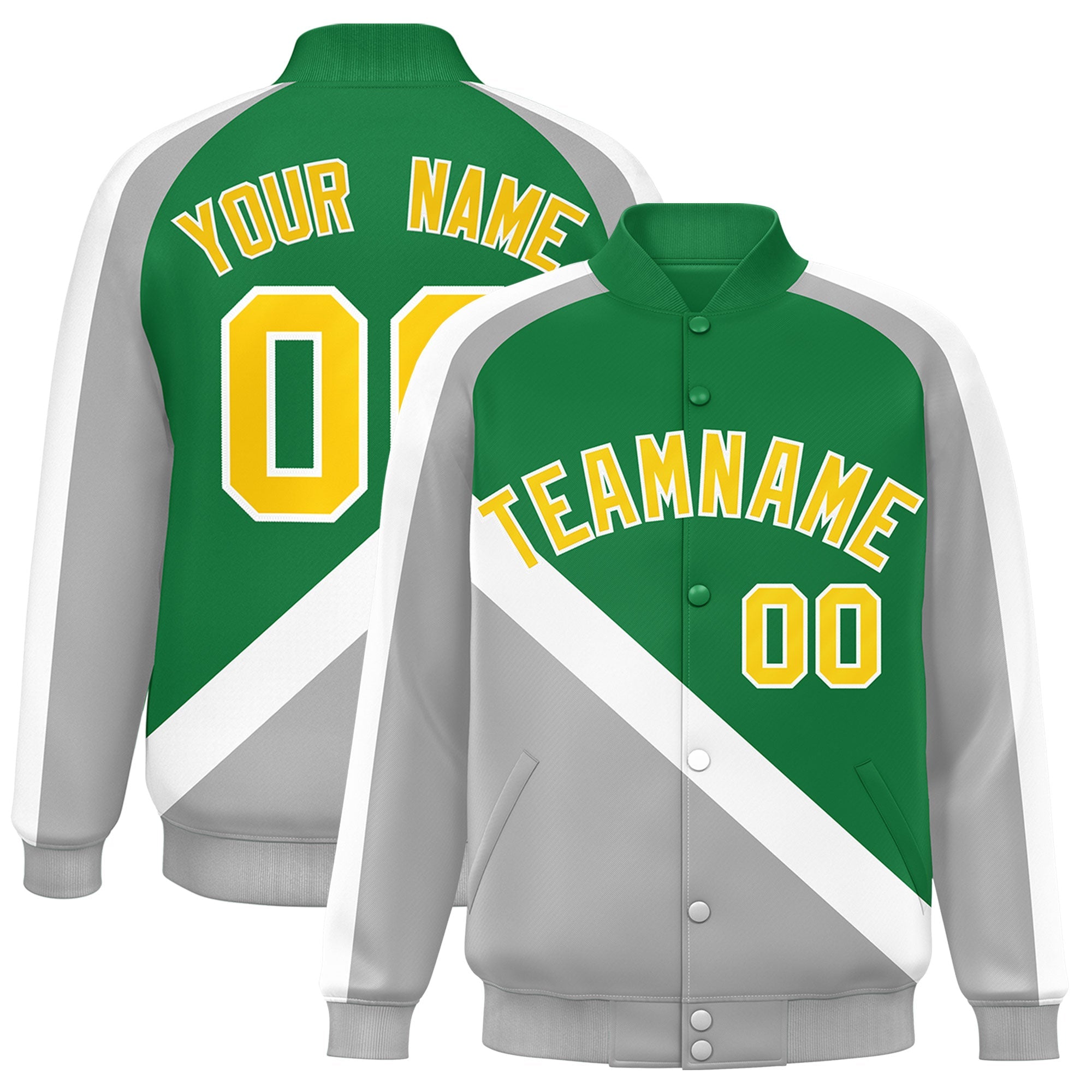 Custom Kelly Green Gray Raglan Sleeves Varsity Full-Snap Letterman Baseball Jacket