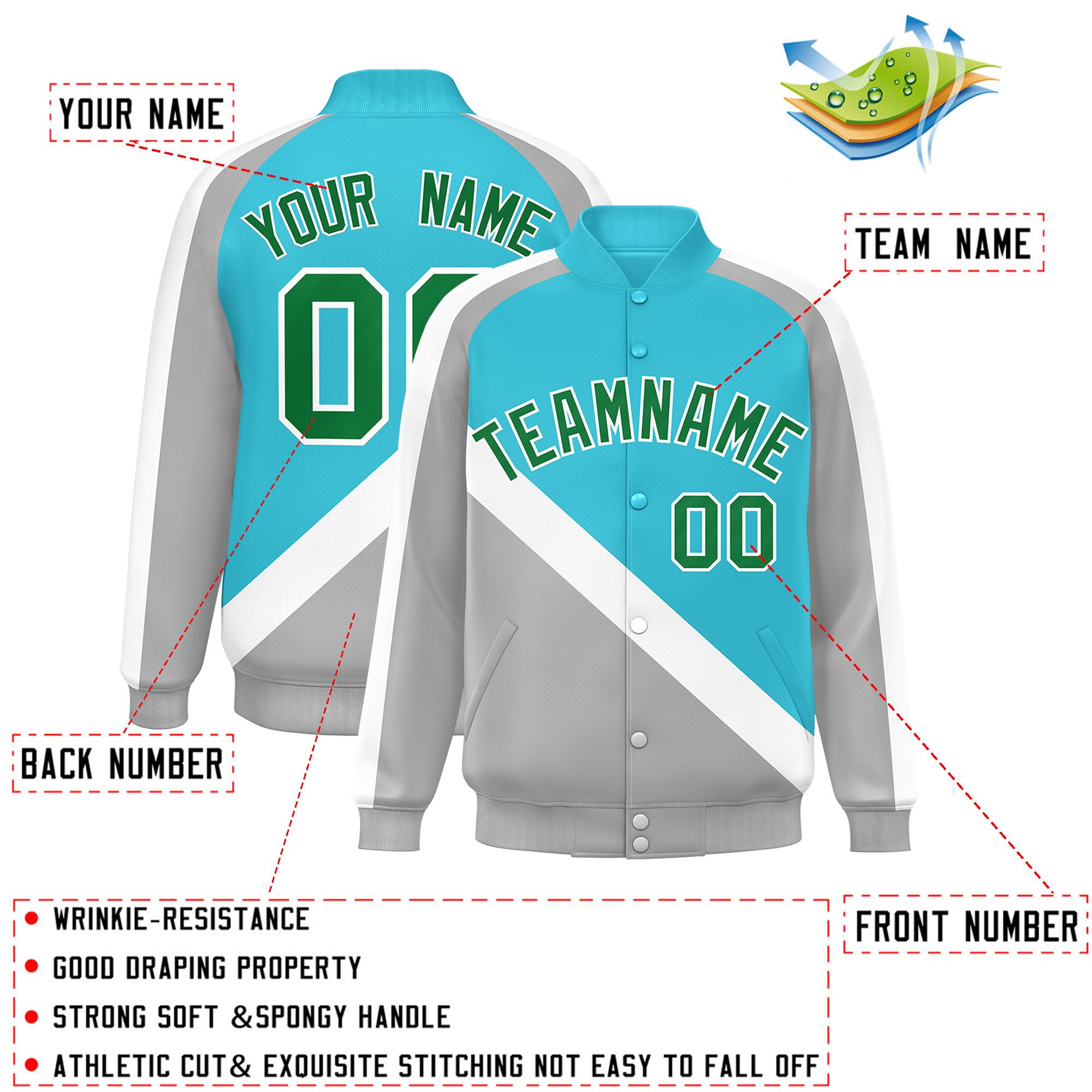 Custom Sky Blue Gray Raglan Sleeves Varsity Full-Snap Letterman Baseball Jacket