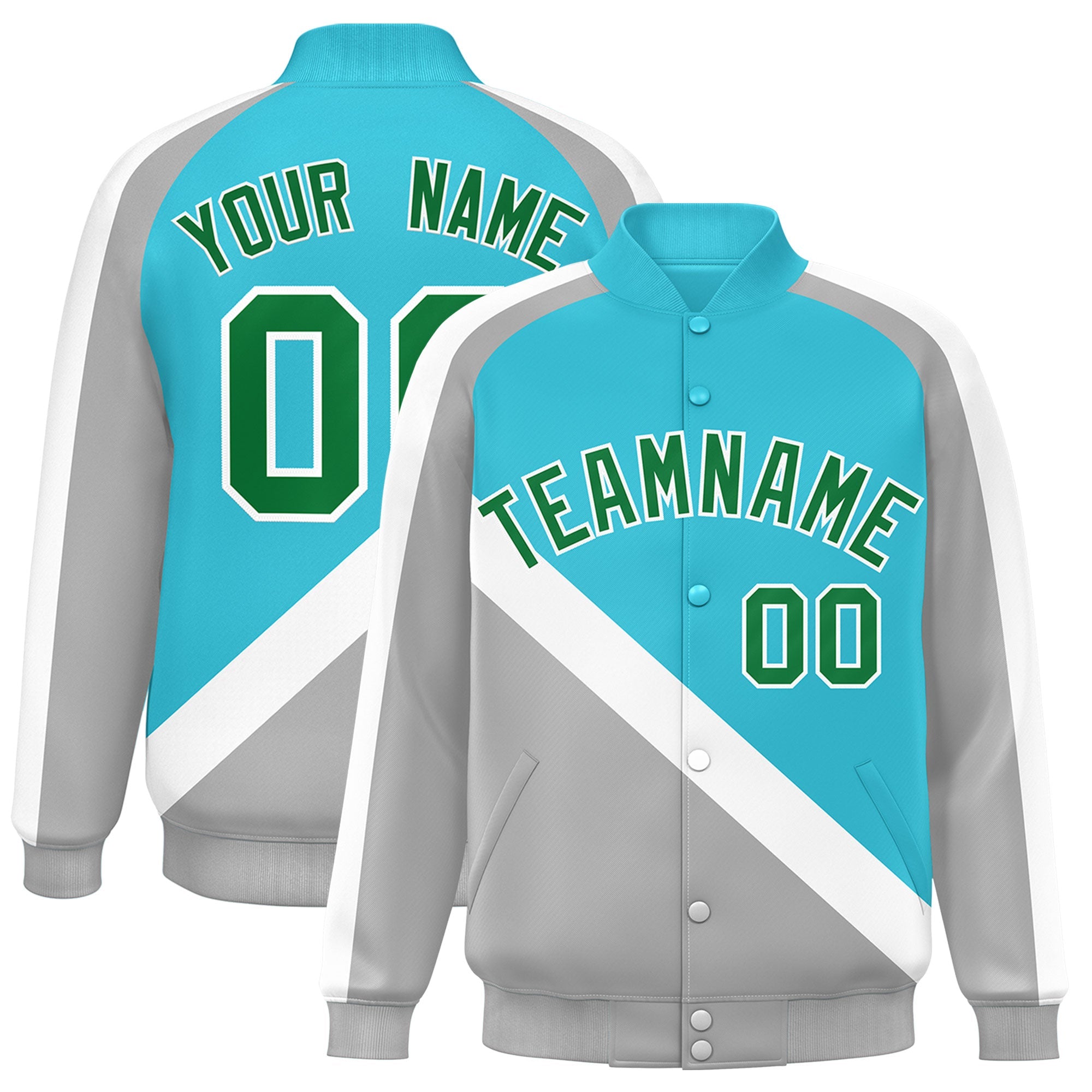 Custom Sky Blue Gray Raglan Sleeves Varsity Full-Snap Letterman Baseball Jacket