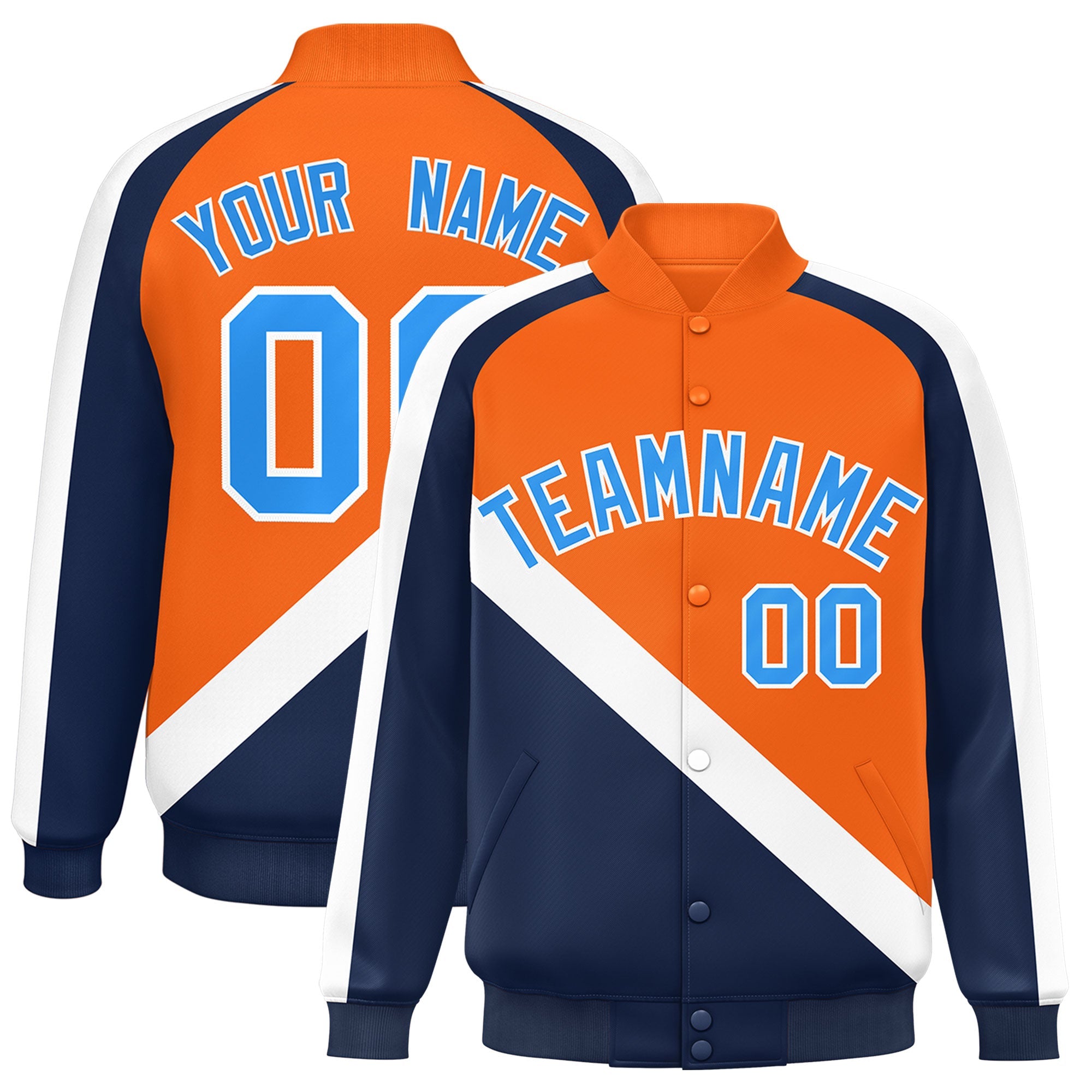 Custom Orange Navy Raglan Sleeves Varsity Full-Snap Letterman Baseball Jacket