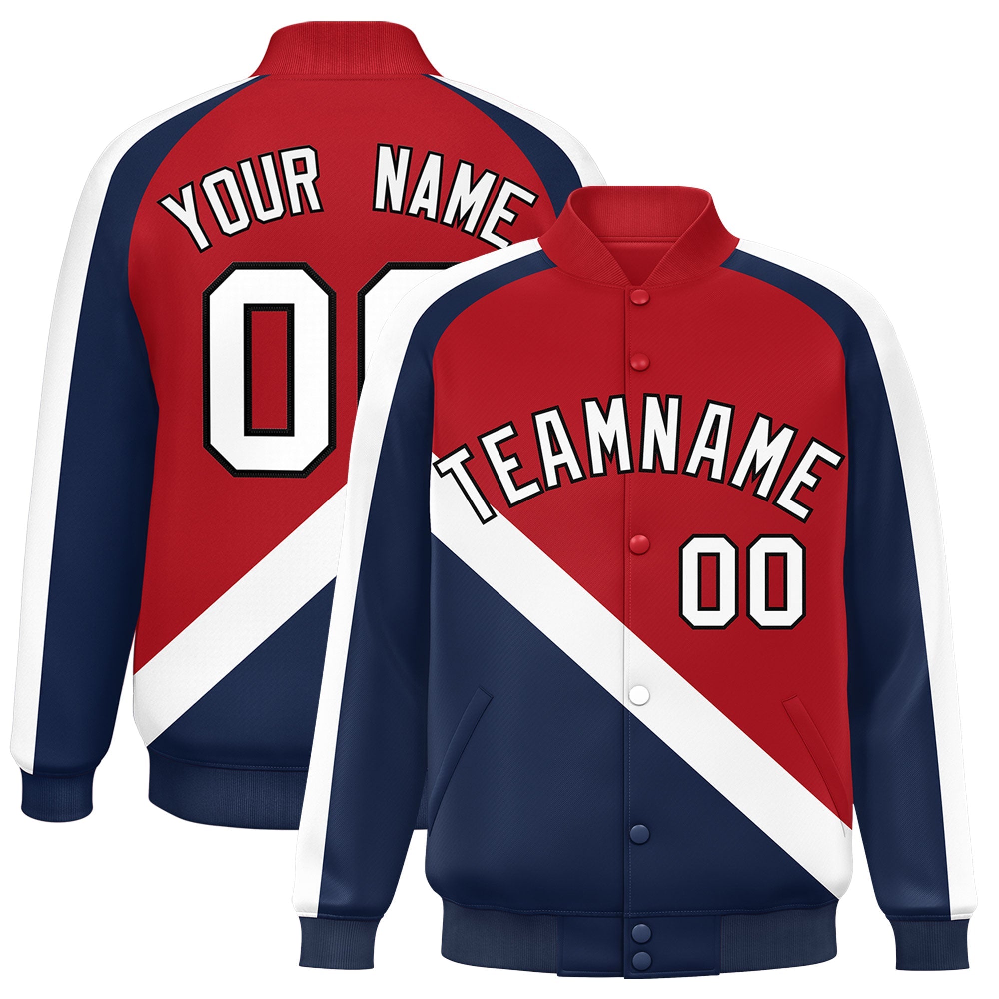 Custom Red Navy Raglan Sleeves Varsity Full-Snap Letterman Baseball Jacket