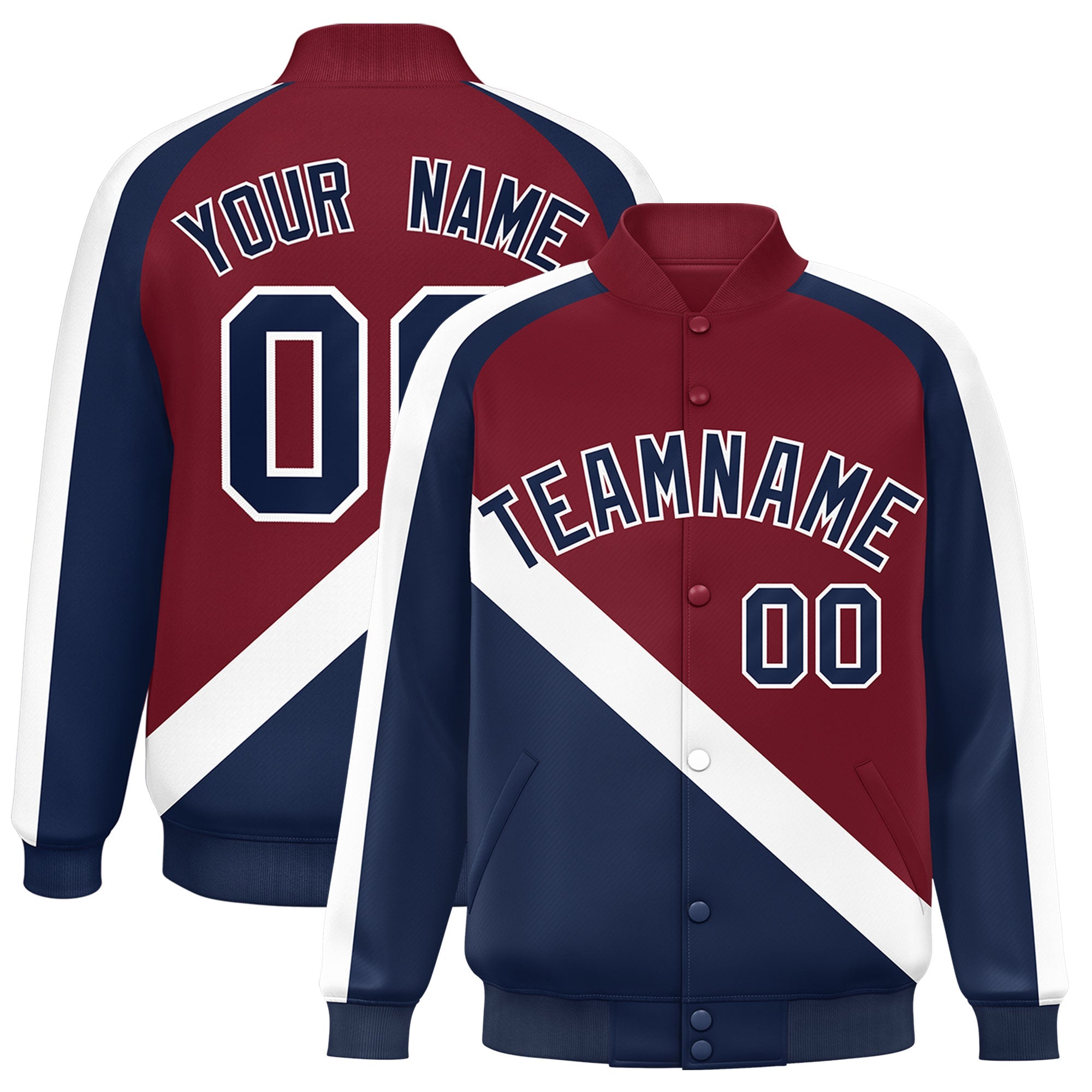 Custom Crimson Navy Raglan Sleeves Varsity Full-Snap Letterman Baseball Jacket