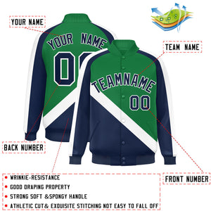 Custom Kelly Green Navy Raglan Sleeves Varsity Full-Snap Letterman Baseball Jacket