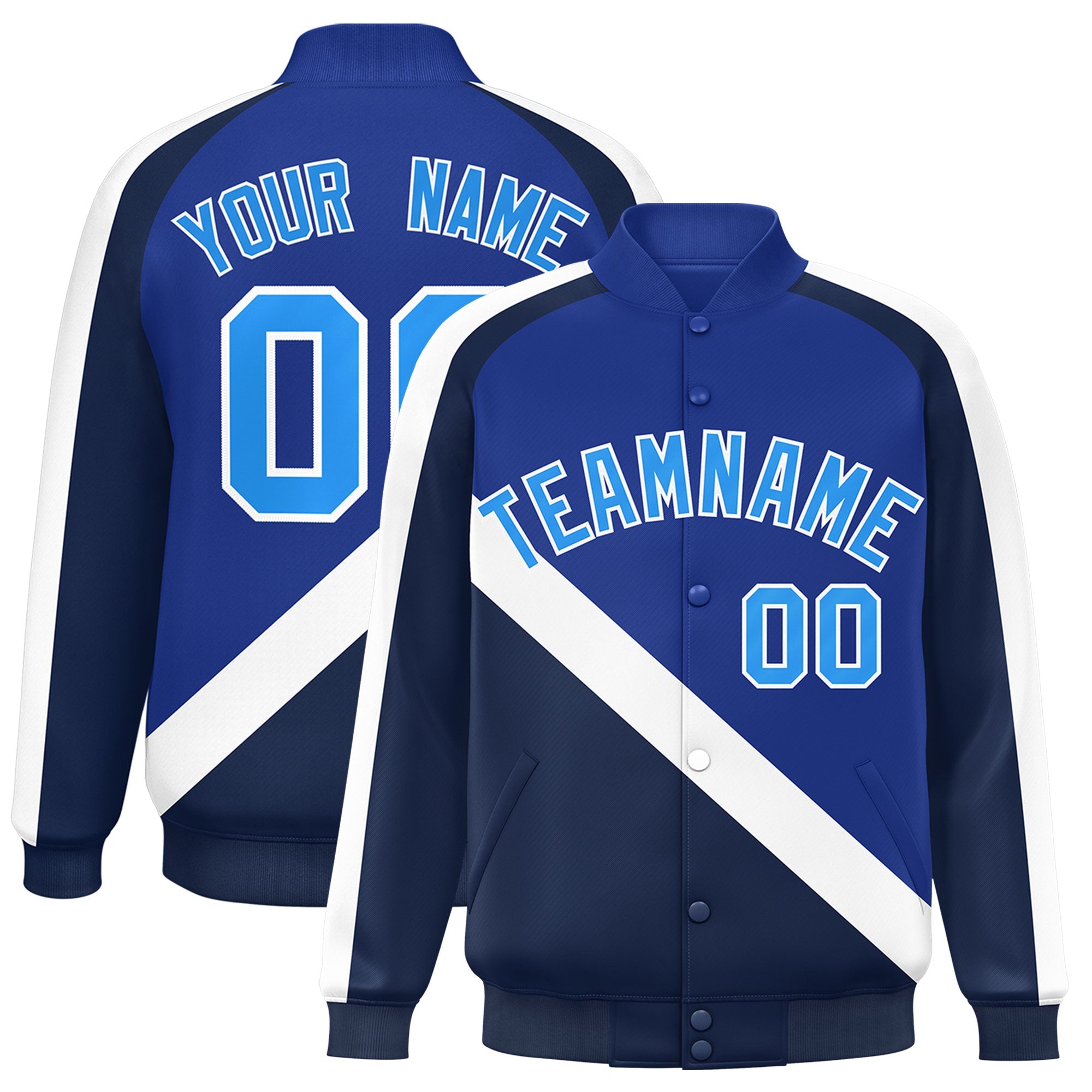 Custom Royal Navy Raglan Sleeves Varsity Full-Snap Letterman Baseball Jacket