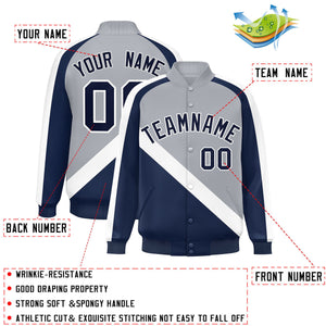 Custom Gray Navy Raglan Sleeves Varsity Full-Snap Letterman Baseball Jacket