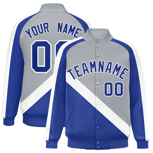 Custom Gray Royal Raglan Sleeves Varsity Full-Snap Letterman Baseball Jacket