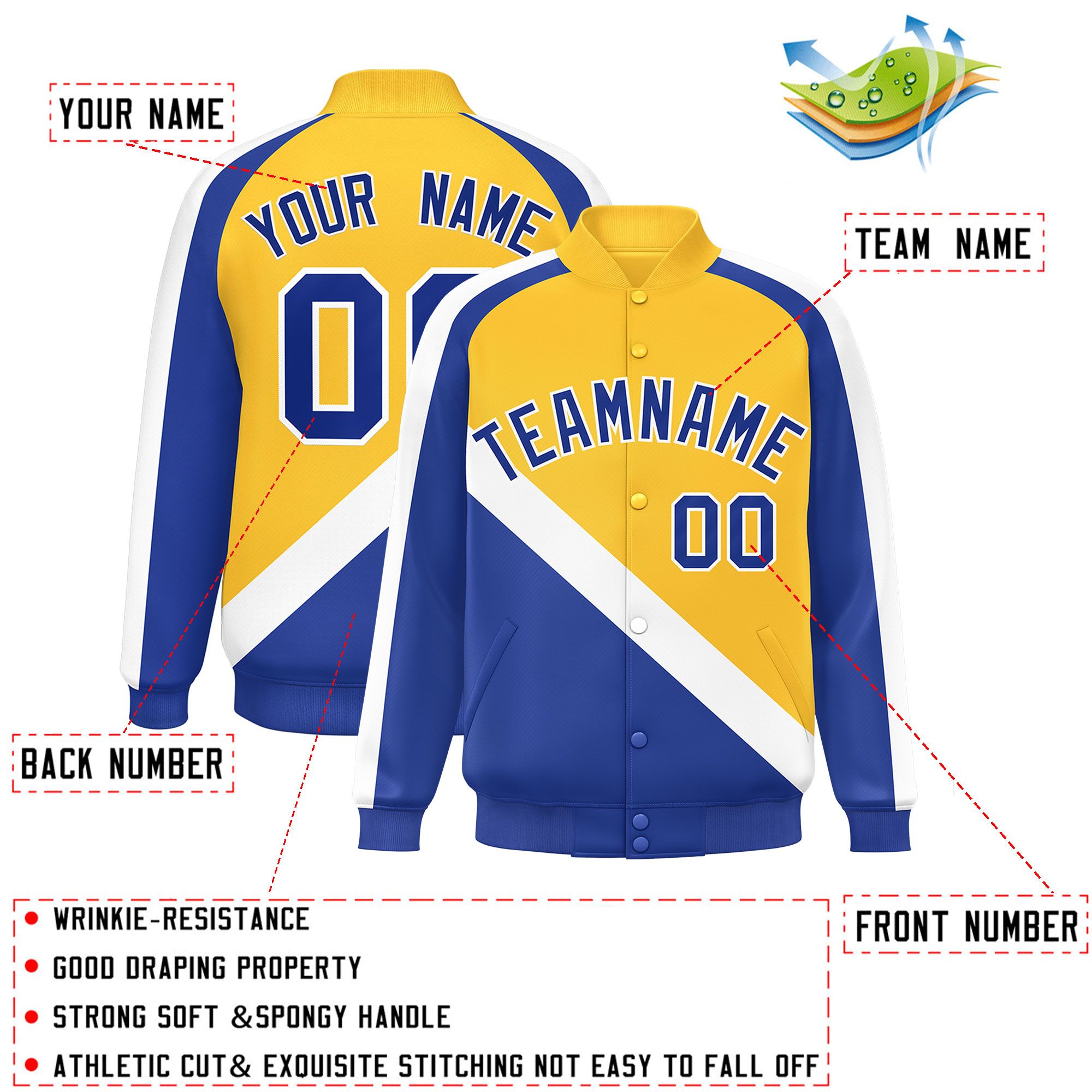 Custom Gold Royal Raglan Sleeves Varsity Full-Snap Letterman Baseball Jacket