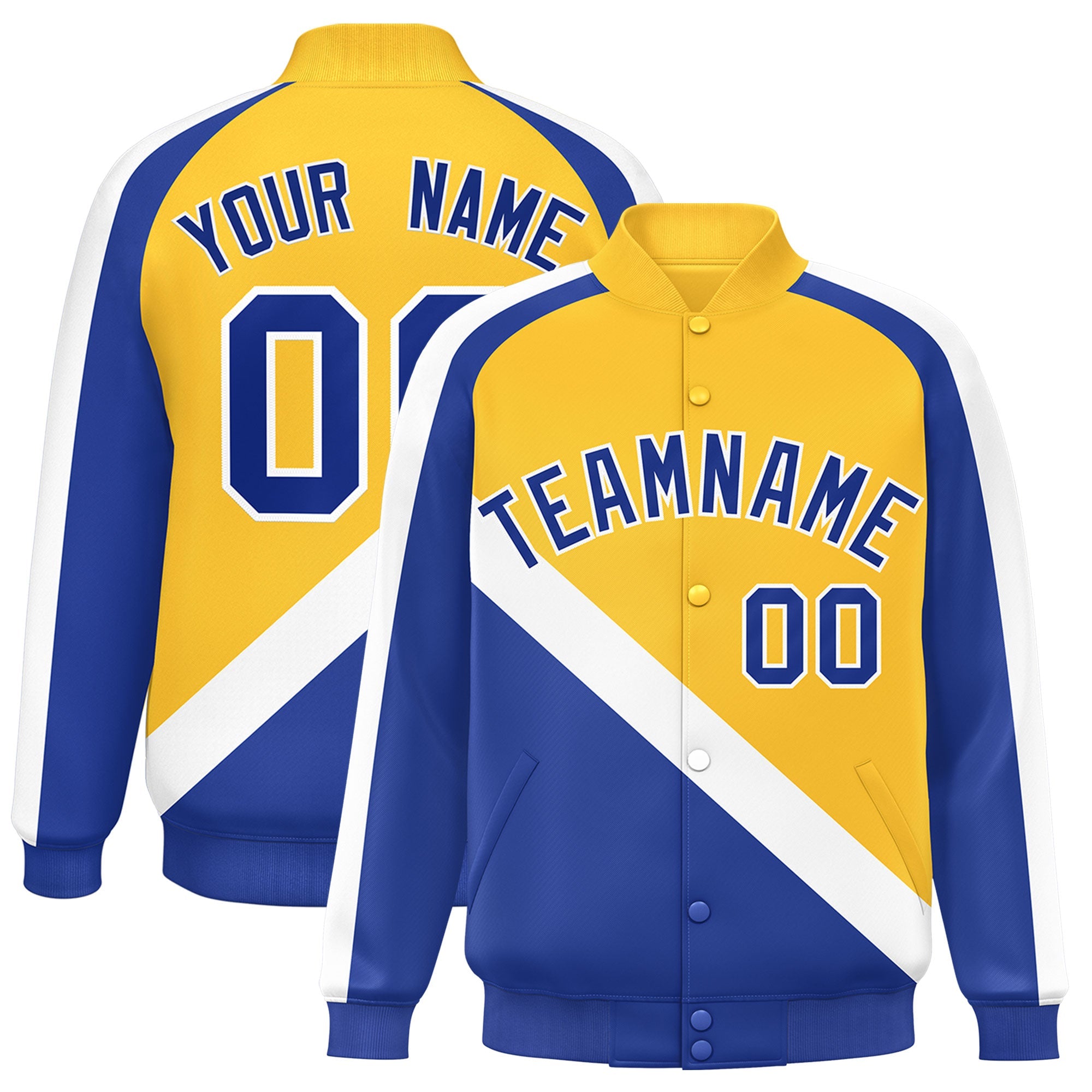 Custom Gold Royal Raglan Sleeves Varsity Full-Snap Letterman Baseball Jacket