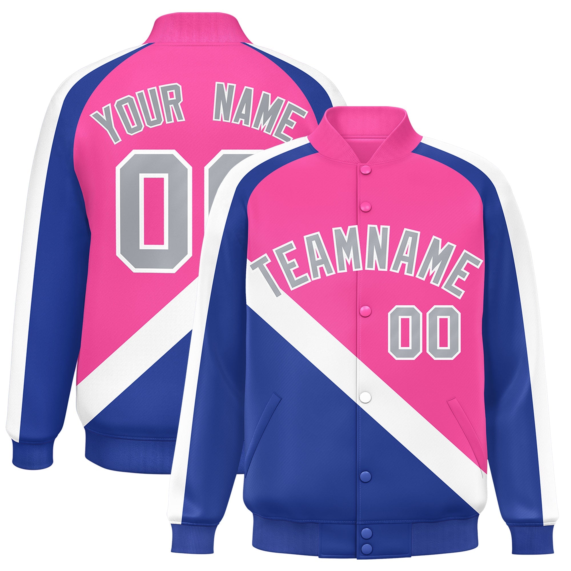 Custom Pink Royal Raglan Sleeves Varsity Full-Snap Letterman Baseball Jacket